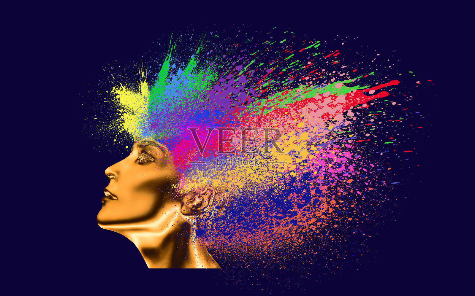 激情抽象绘画飞溅时尚艺术拼贴或设计。创意魅力幻想女孩或黄金女子插画图片素材