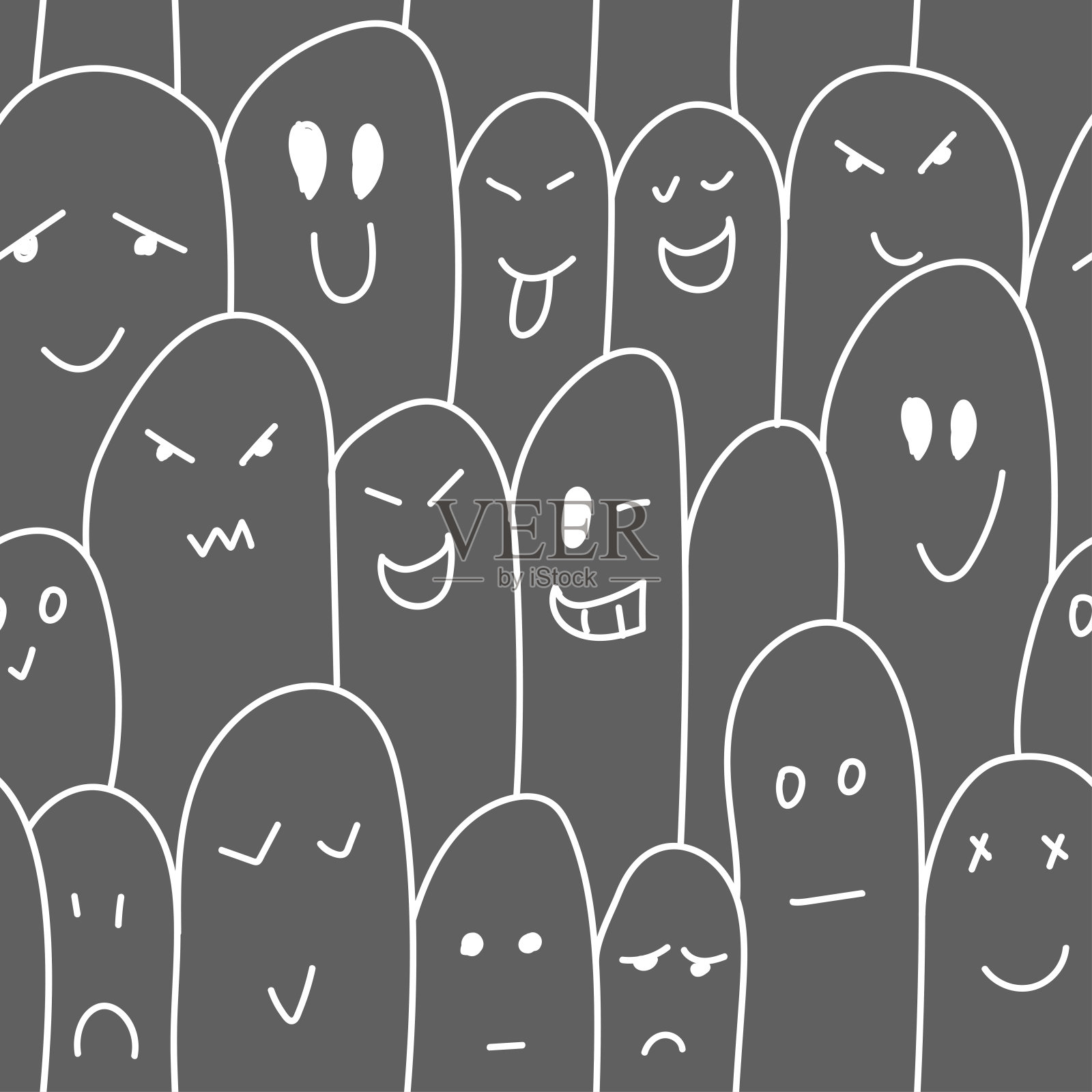 向量。灰、黑、白对比无缝图案。令人毛骨悚然的邪恶万圣节背景。手绘鬼在卡通风格。重复墙纸，素描。设计礼品包装、礼品纸。插画图片素材