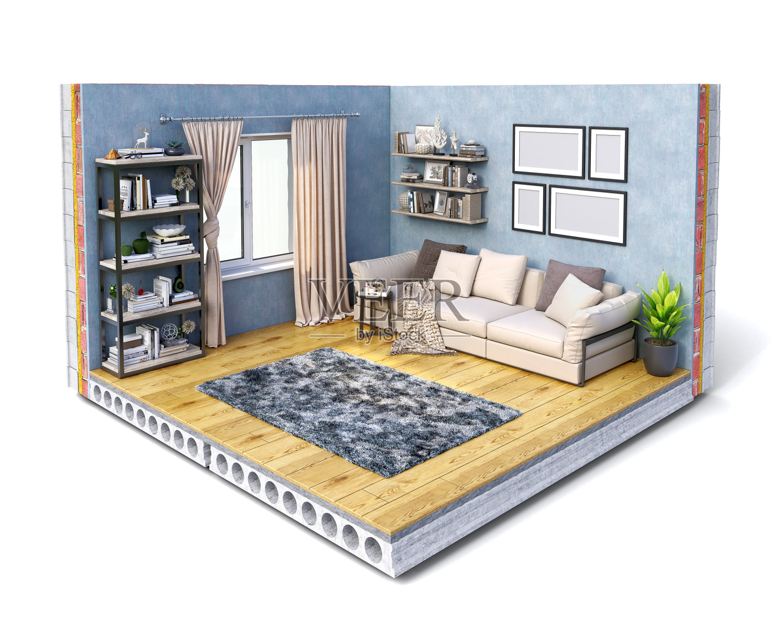 切片客厅的概念，隔离在白色背景上，3d插图照片摄影图片