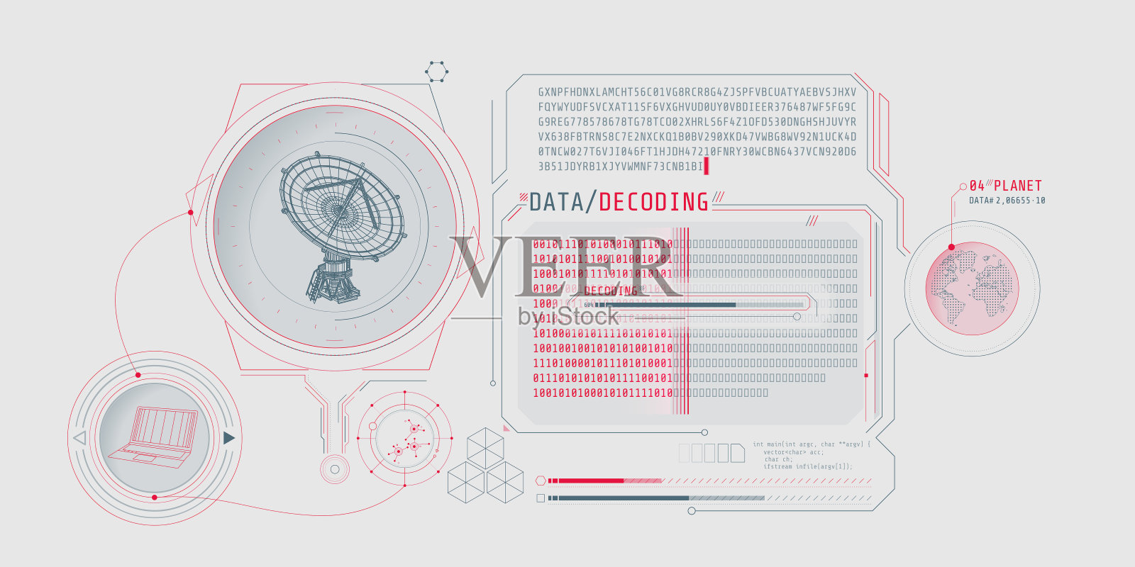 解码射电望远镜数据的接口屏幕。插画图片素材
