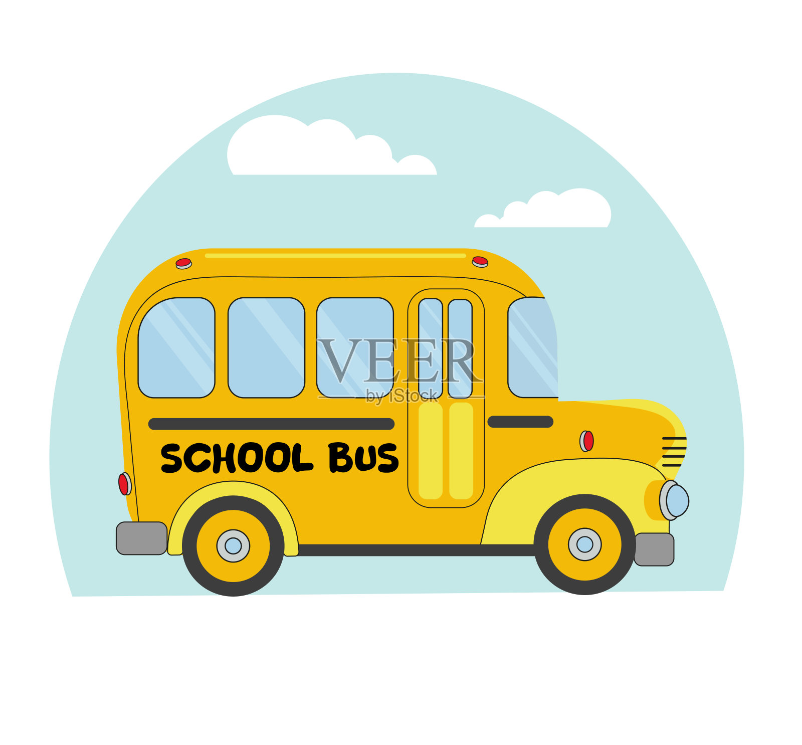 卡通黄色校车。回到学校的概念。欢快的校车。矢量插图主题为“回到学校”插画图片素材