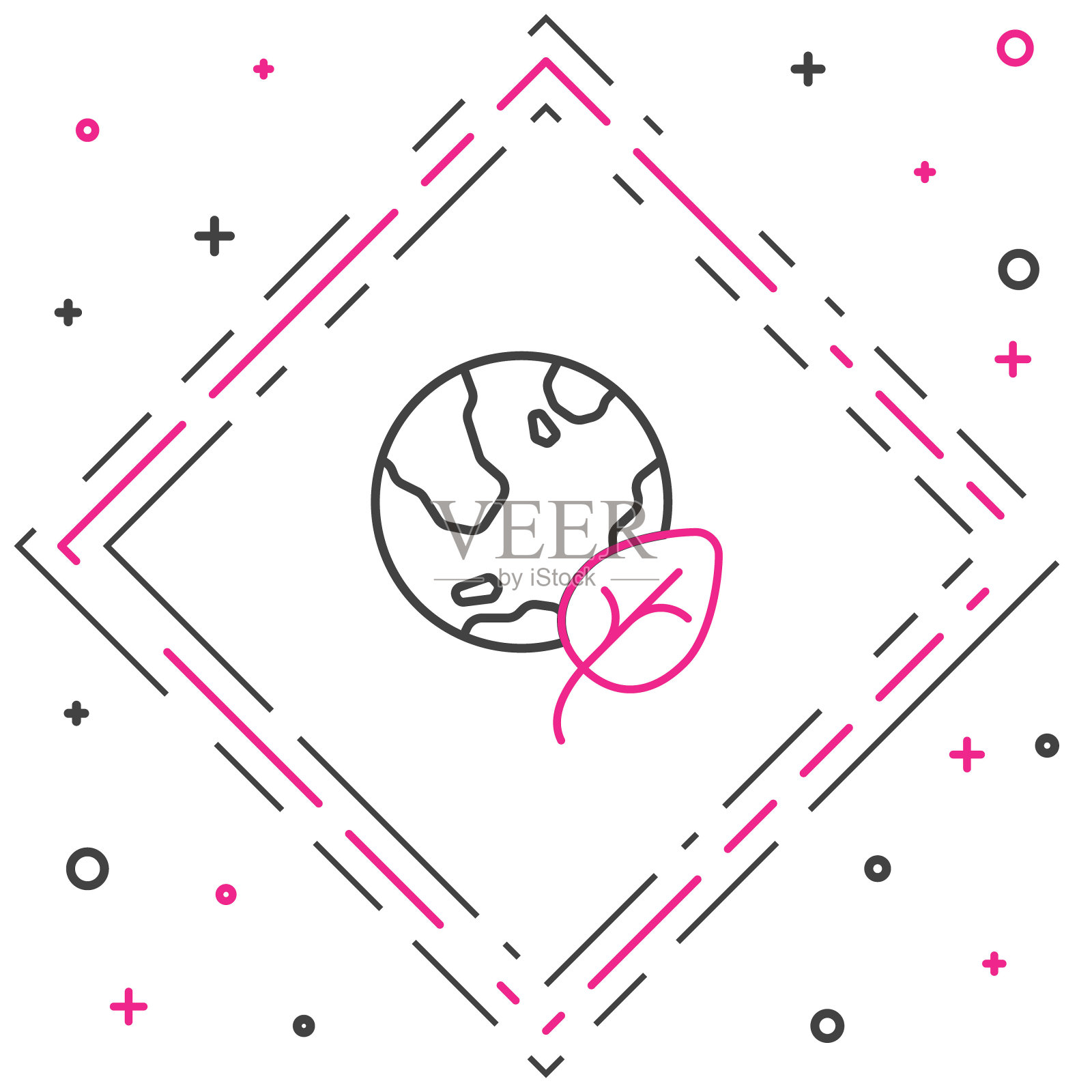 线地球和树叶图标隔离在白色背景。世界或土象星座。几何形状。环境的概念。色彩缤纷的轮廓概念。向量插画图片素材