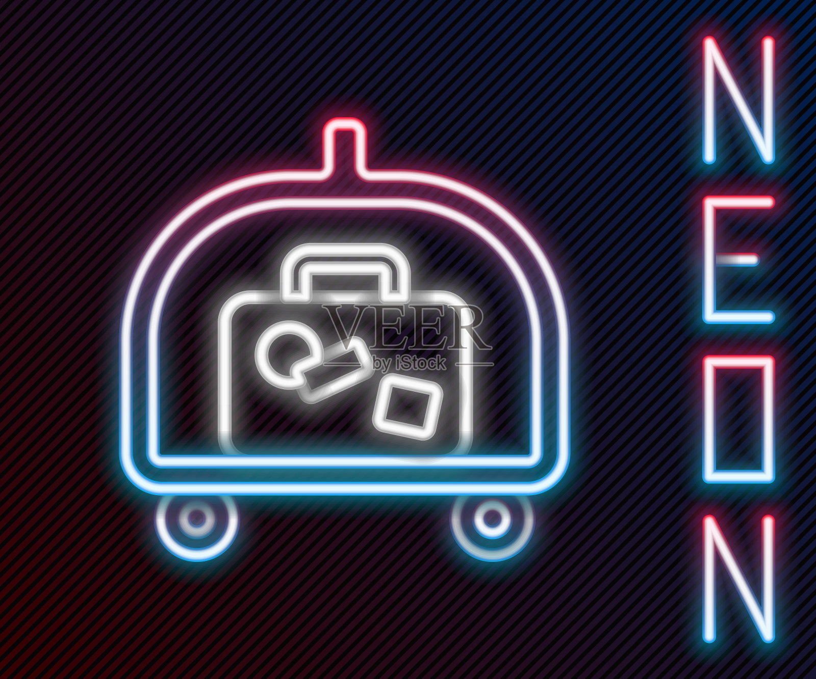 发光的霓虹灯线酒店的行李车与箱子图标孤立的黑色背景。旅行行李标志。旅行行李图标。色彩缤纷的轮廓概念。向量插画图片素材