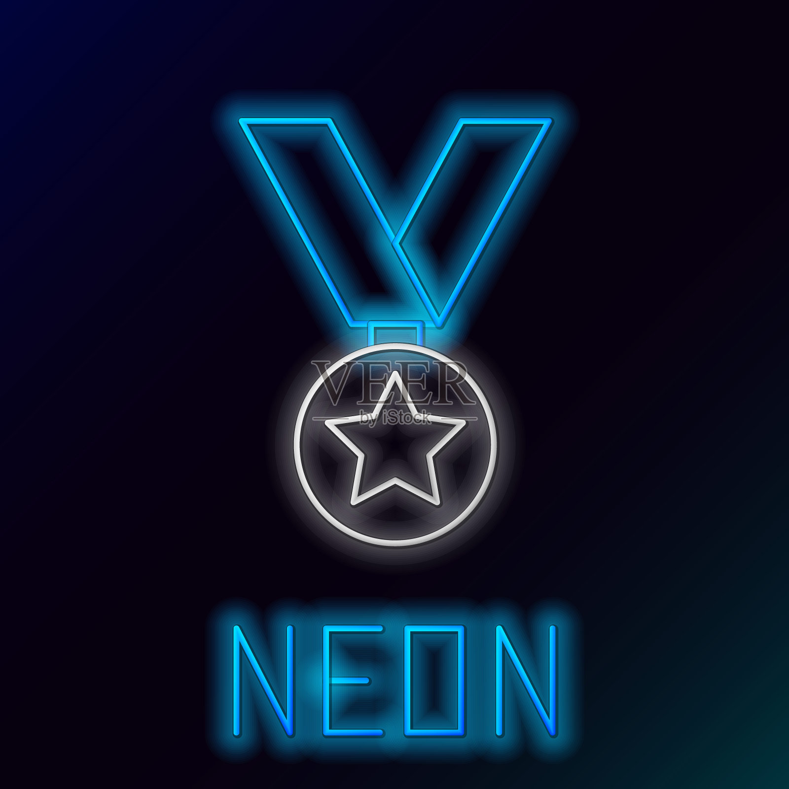 发光的霓虹线军事奖励勋章图标孤立的黑色背景。军队的迹象。色彩缤纷的轮廓概念。向量插画图片素材