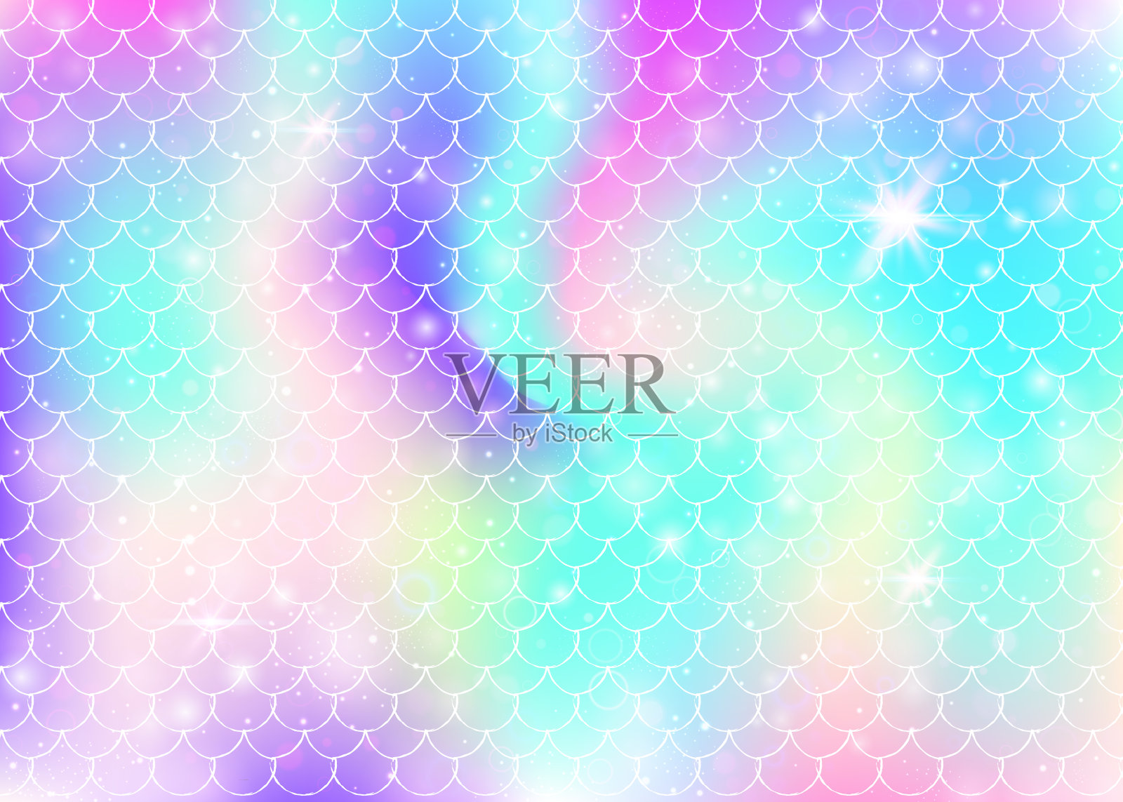 彩虹鳞片背景与卡哇伊美人鱼公主图案。插画图片素材