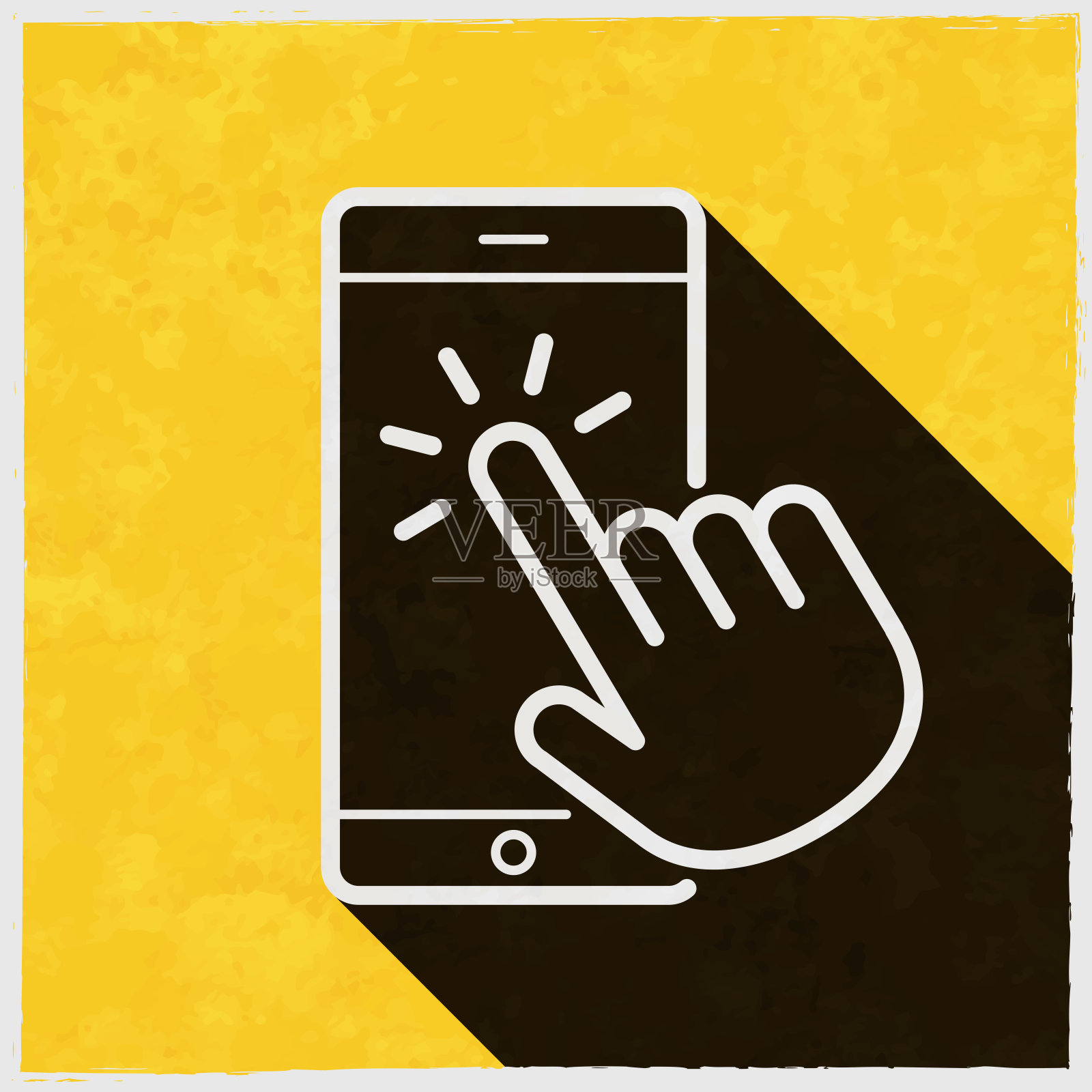 用手触摸智能手机。图标与长阴影的纹理黄色背景插画图片素材