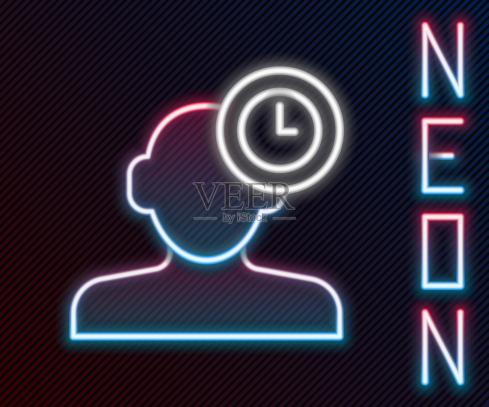 发光的霓虹灯线失眠图标孤立的黑色背景。毛细血管和瞳孔睡眠障碍。疲劳和压力。色彩缤纷的轮廓概念。向量插画图片素材