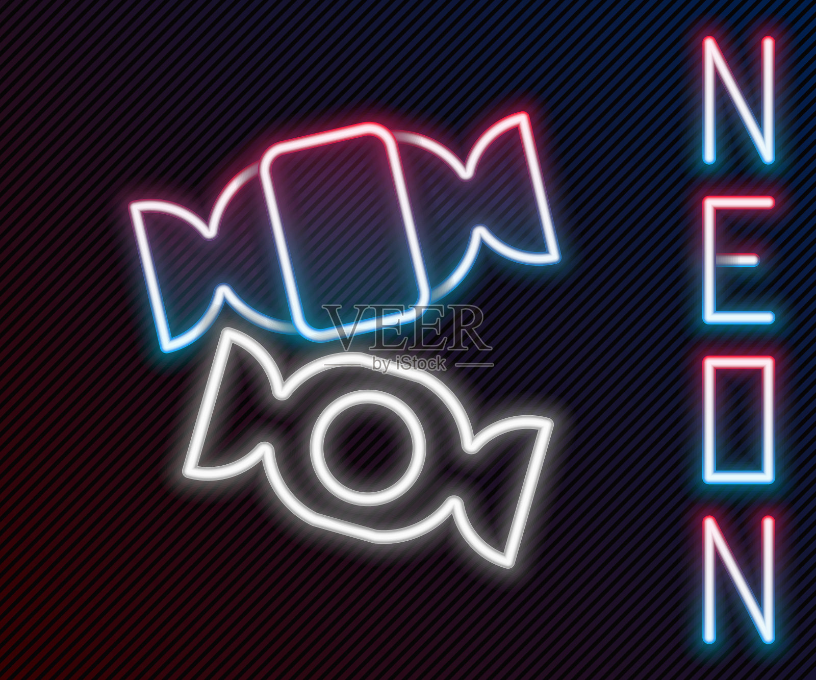 发光的霓虹灯糖果线图标，黑色背景。圣诞快乐，新年快乐。彩色轮廓概念。矢量插画图片素材