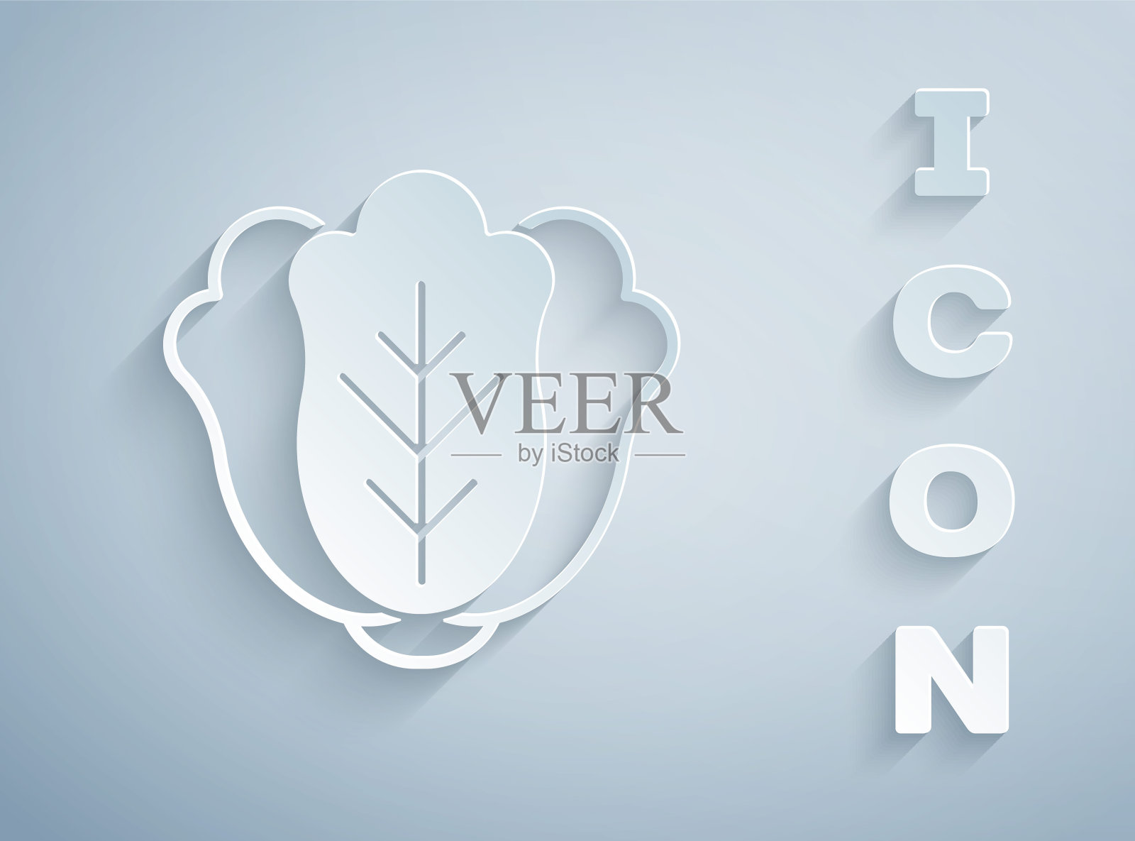 剪纸新鲜卷心菜蔬菜图标孤立的灰色背景。纸艺风格。向量插画图片素材