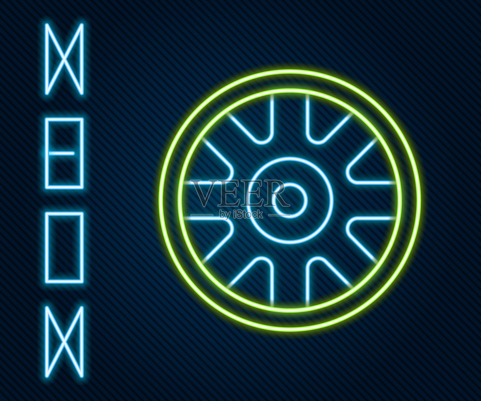 发光的霓虹灯线合金车轮为汽车图标孤立的黑色背景。色彩缤纷的轮廓概念。向量插画图片素材