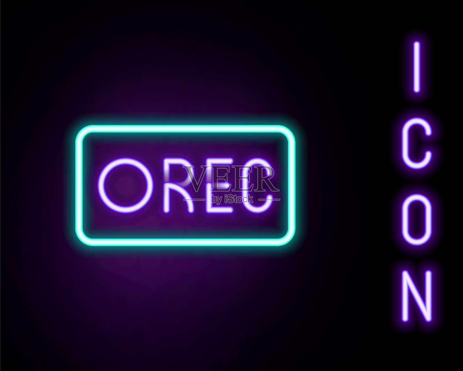 发光的霓虹线记录按钮图标孤立的黑色背景。矩形按钮。色彩缤纷的轮廓概念。向量插画图片素材