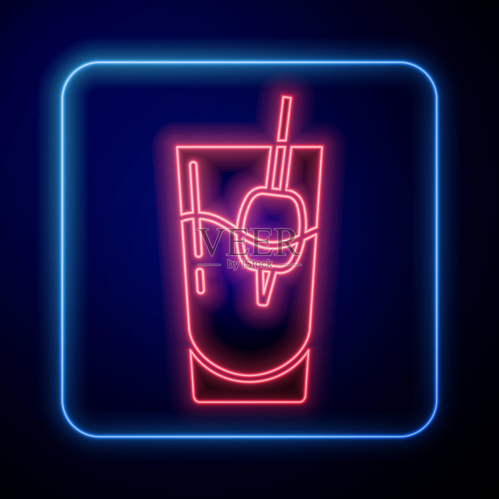 发光的霓虹灯鸡尾酒血腥玛丽图标孤立的蓝色背景。向量插画图片素材