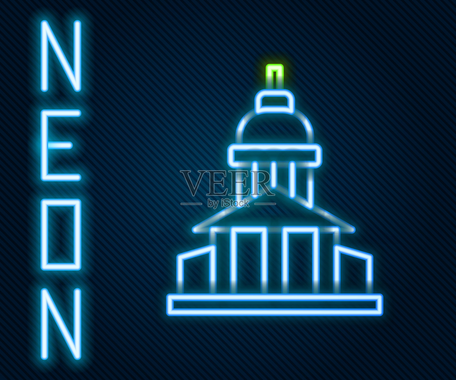 发光的霓虹灯线博物馆建筑图标孤立的黑色背景。色彩缤纷的轮廓概念。向量插画图片素材