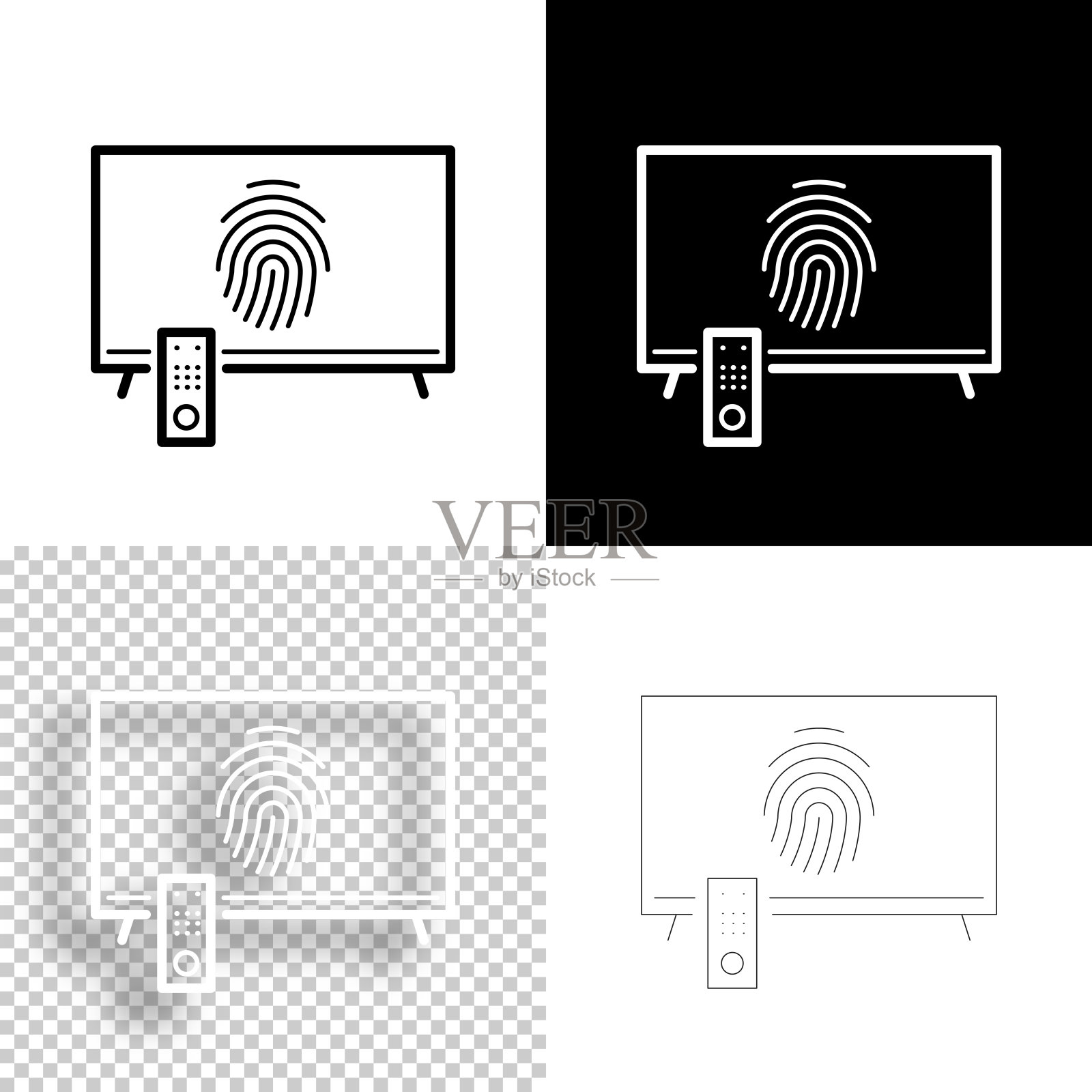 电视与指纹。图标设计。空白，白色和黑色背景-线图标插画图片素材