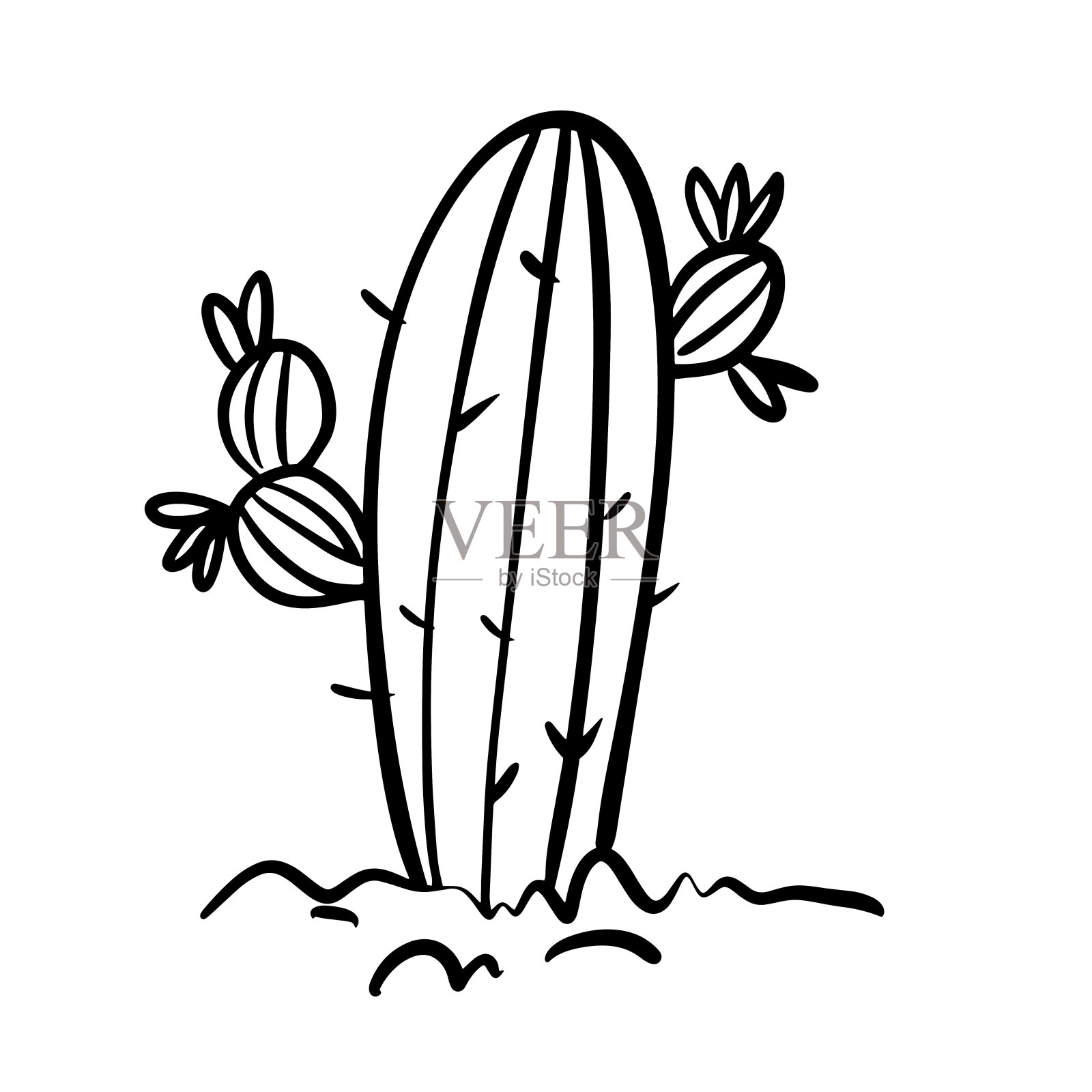 多汁有趣的卡通涂鸦仙人掌沙漠植物手绘单色黑白矢量插图。设计元素图片