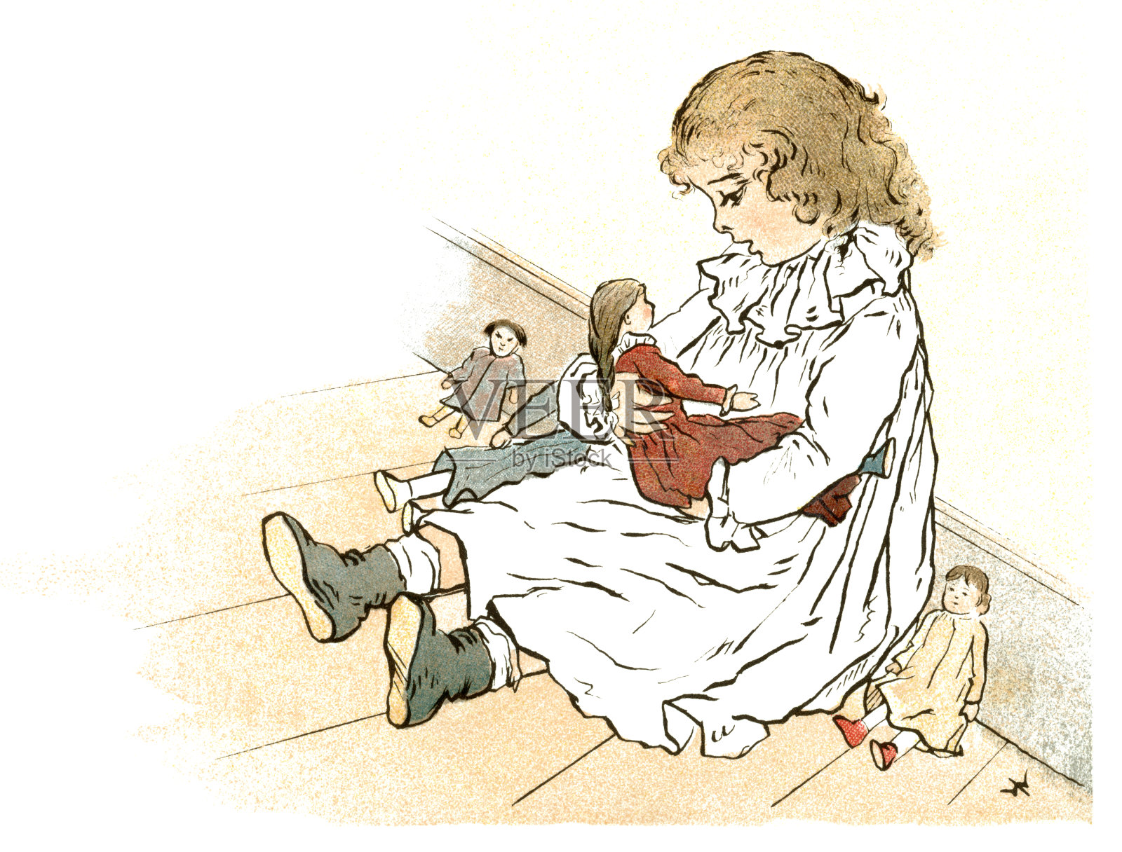 维多利亚时代的小女孩和她的洋娃娃插画图片素材