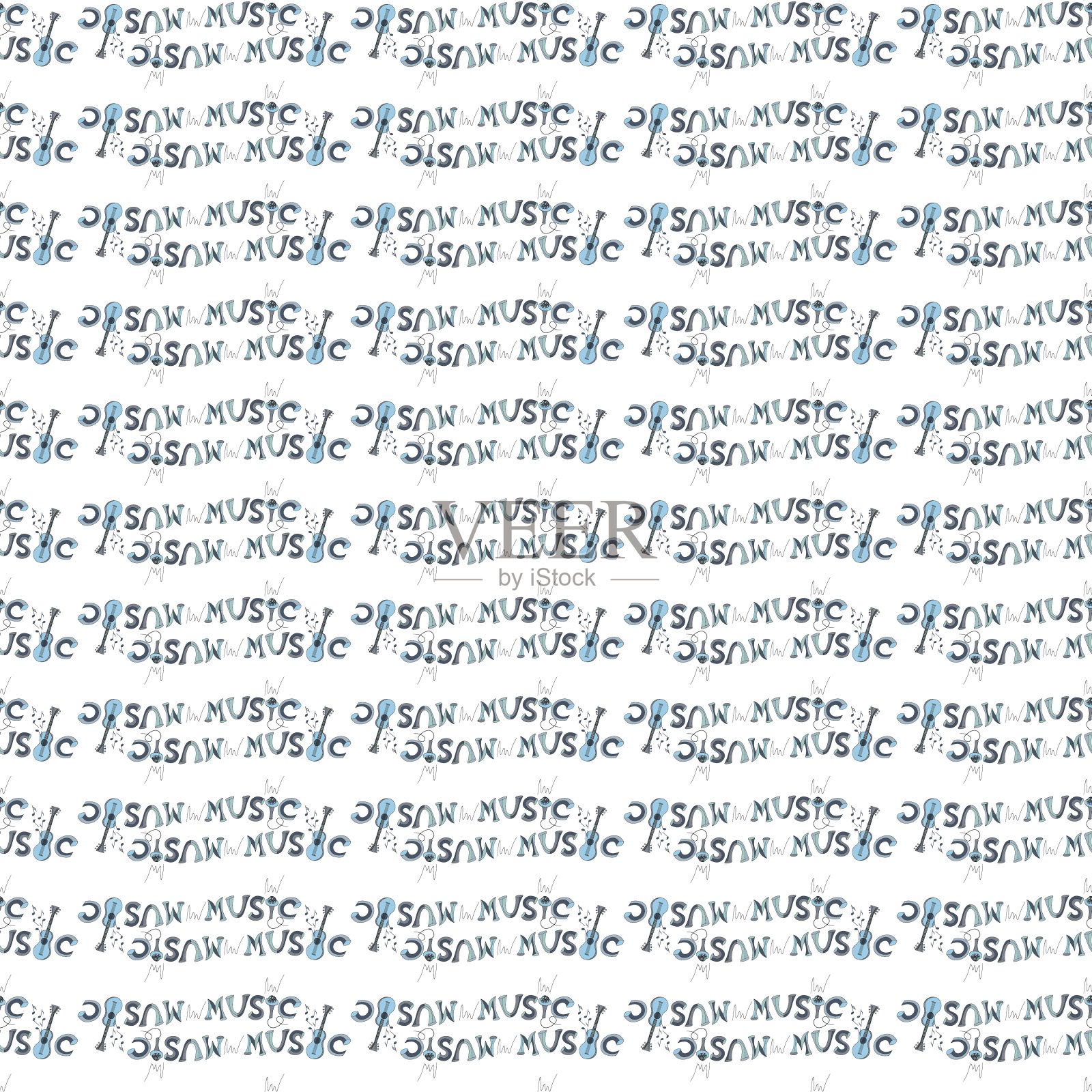 白色背景上的音乐字母、音符、吉他和麦克风插画图片素材