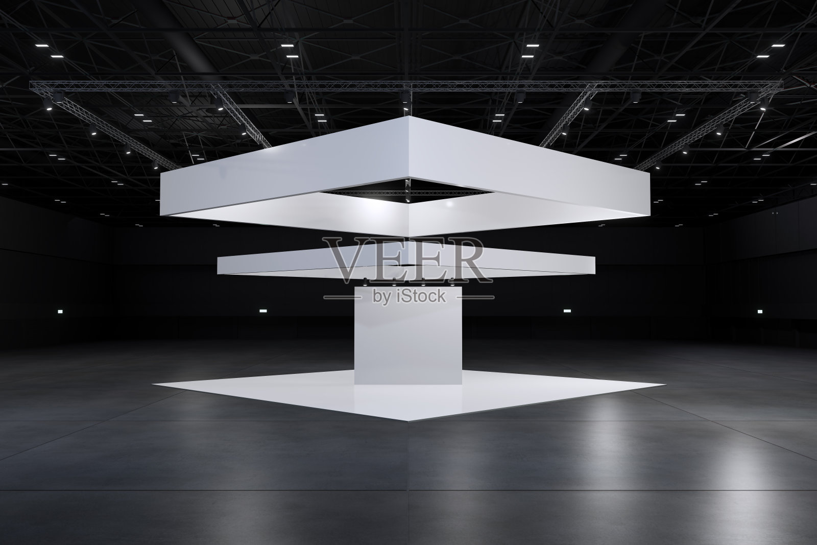 展示架，企业标识，展示设计。空的展台设计。展厅零售展台元素。展位设计贸易展。空白展位系统的图形资源。三维背景在线活动，会议，现场。3 d渲染。照片摄影图片