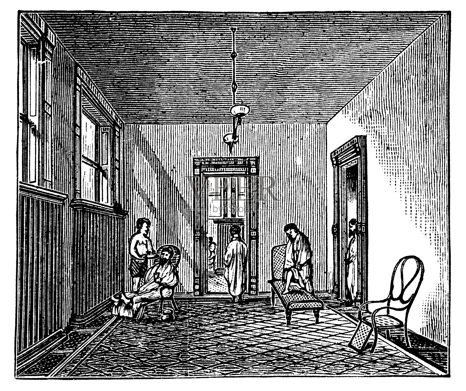 19世纪维多利亚式土耳其浴室的温房插画图片素材