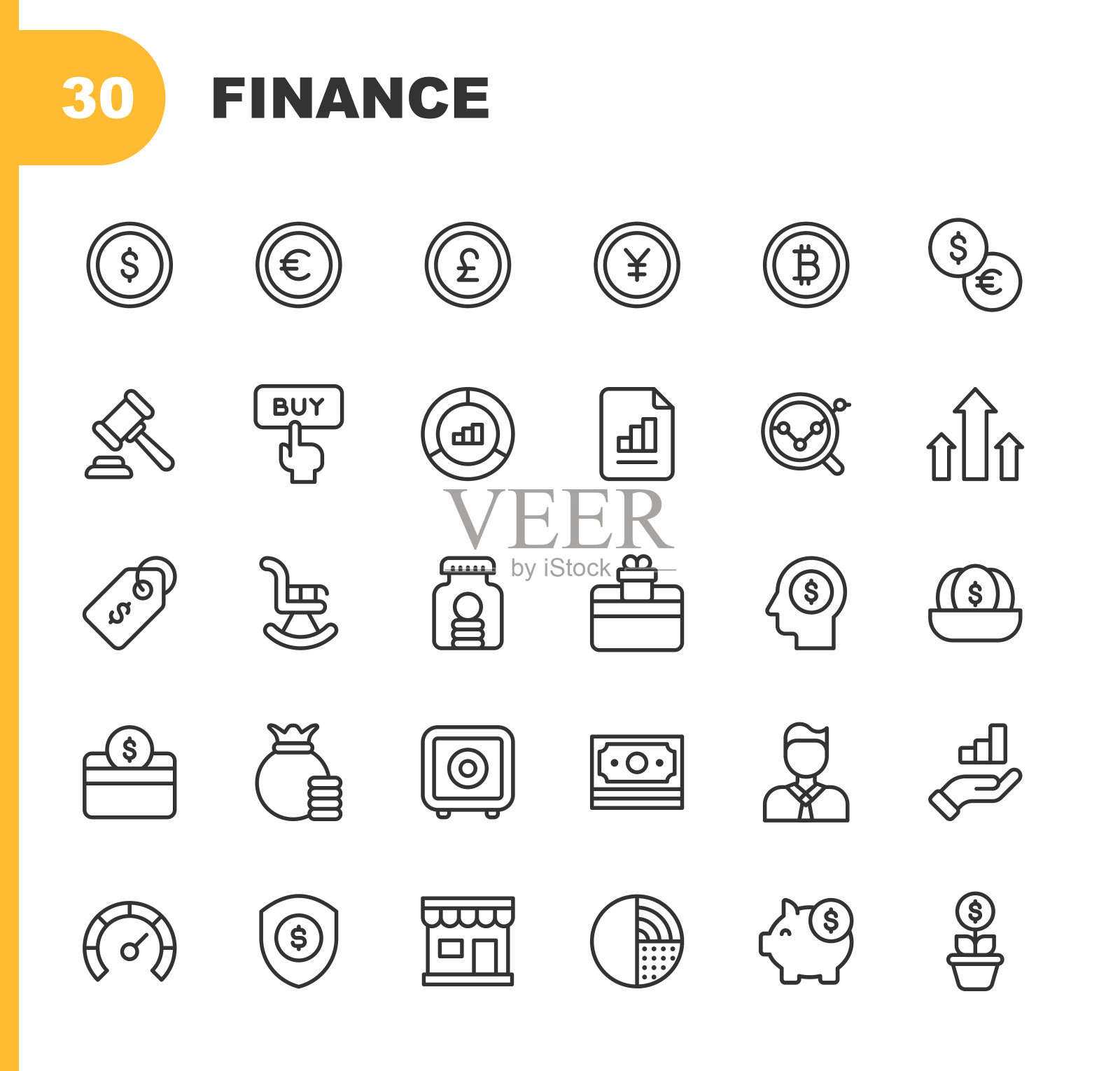 财务和金钱线图标。可编辑的中风。像素完美。移动和Web。包含诸如银行，图表，信用卡，加密货币，债务，图表，美元，电子商务，保险，支付，价格，退休，购物，股票市场，钱包等图标。图标素材