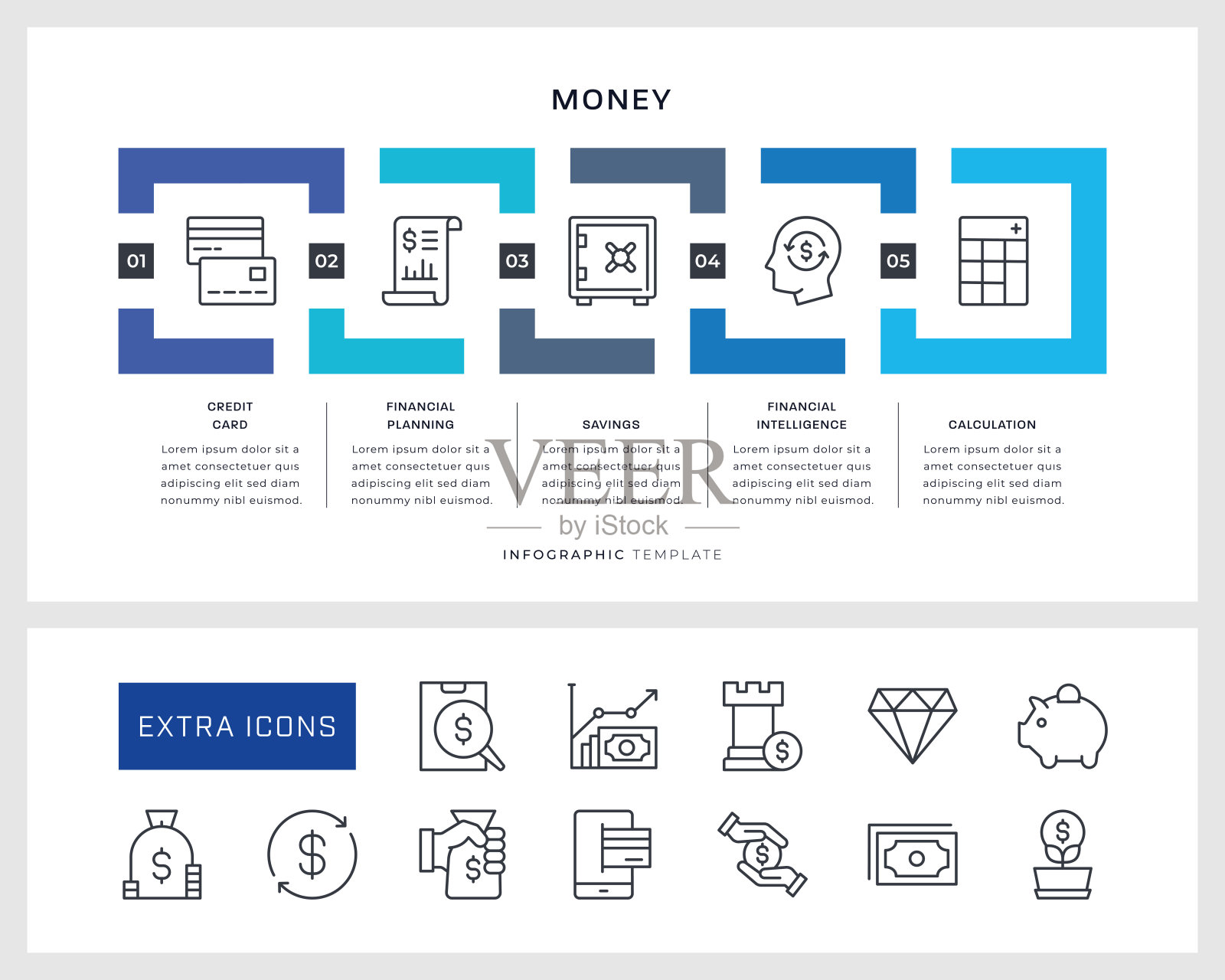 金钱信息图表模板和线条图标图标素材