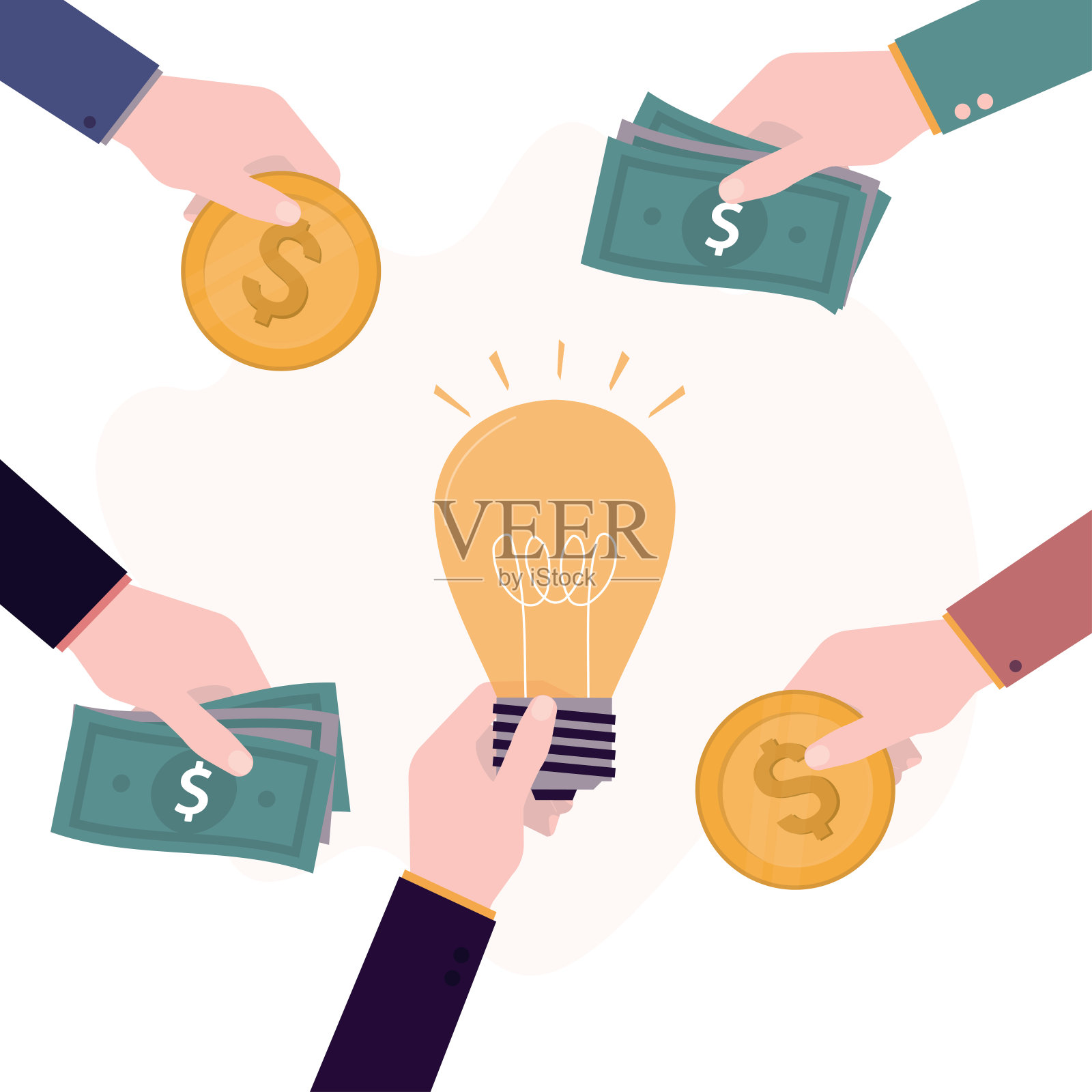 手持灯泡——新的商业理念。投资者把钱投给潜在的利润。对你的生意很有帮助。插画图片素材
