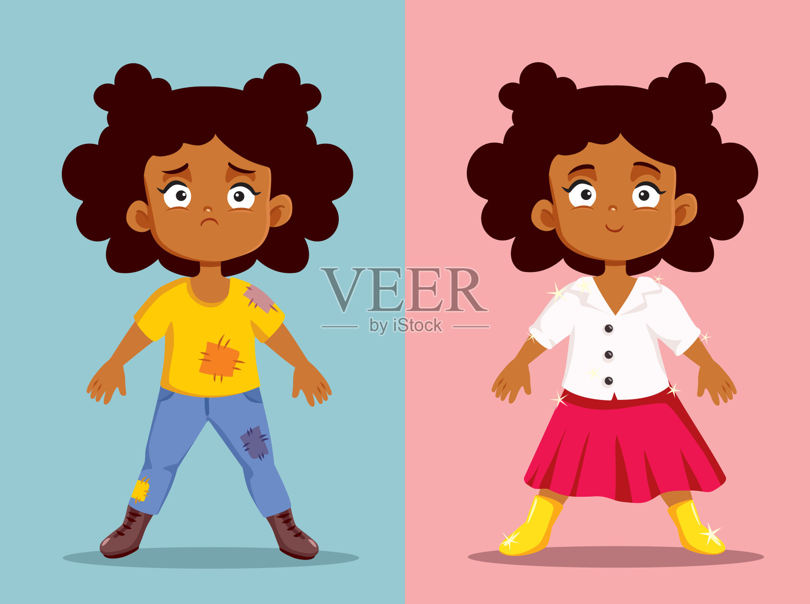 小女孩穿着旧的和新的衣服矢量卡通插图插画图片素材