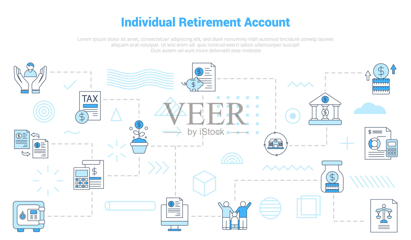IRA个人退休帐户概念与图标集模板横幅与现代蓝色风格插画图片素材
