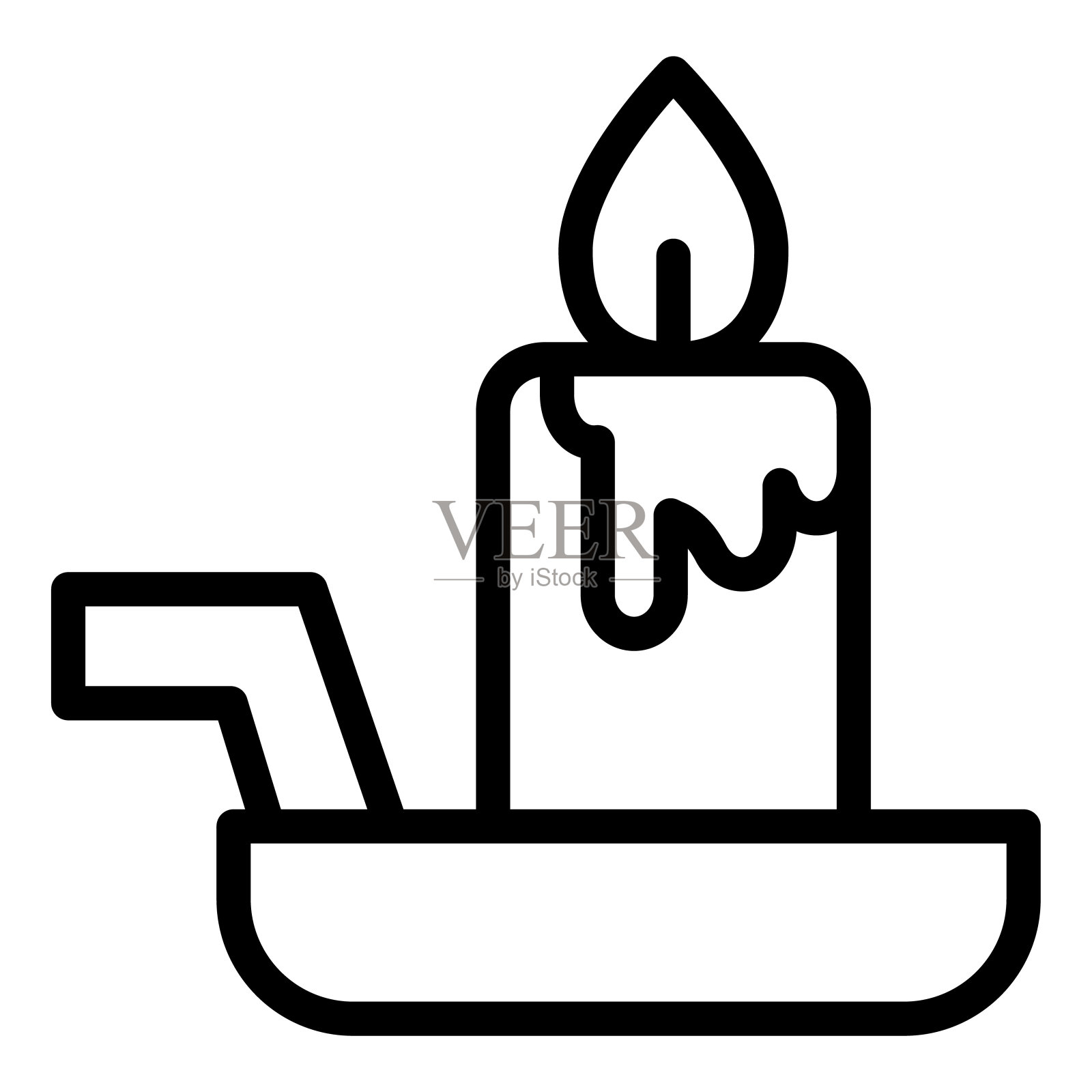 蜡烛上的烛台线图标。燃烧的火和蜡粘在盘子上。万圣节派对矢量概念，白色背景上的轮廓象形文字。插画图片素材