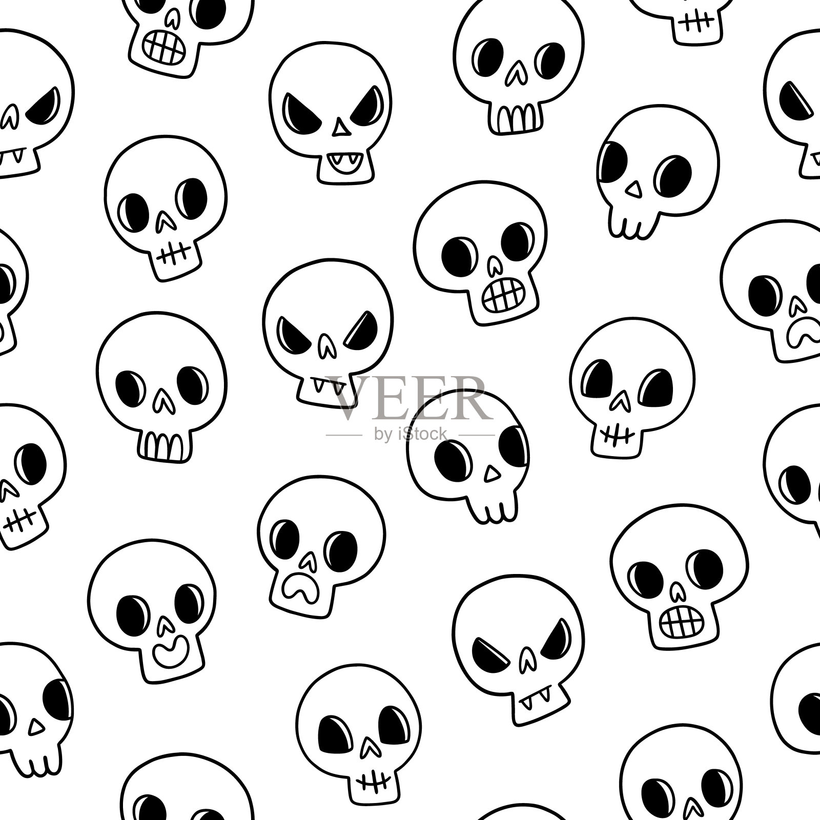 勾勒涂鸦万圣节头骨，矢量图案插画图片素材