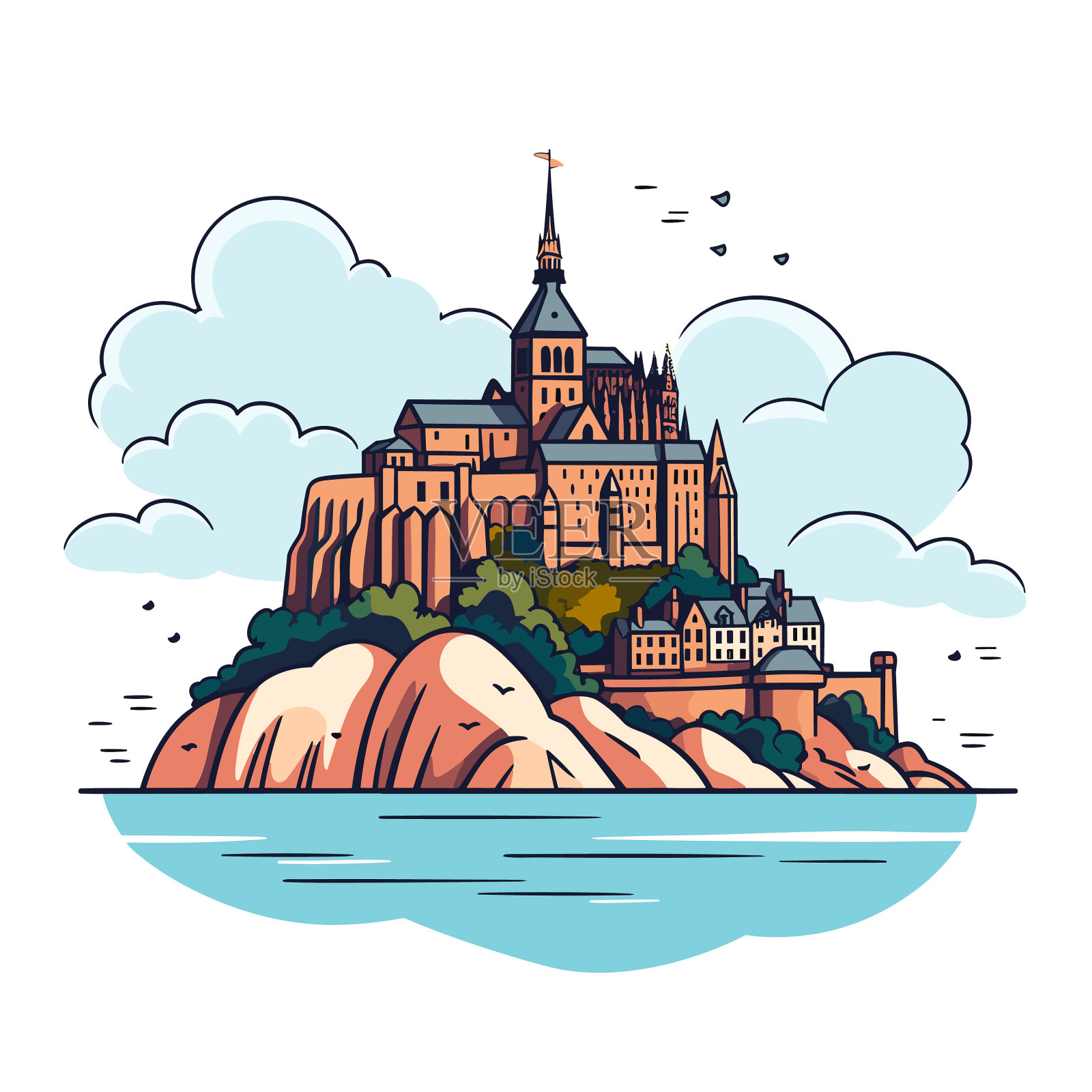 圣米歇尔山手绘漫画插画图片素材