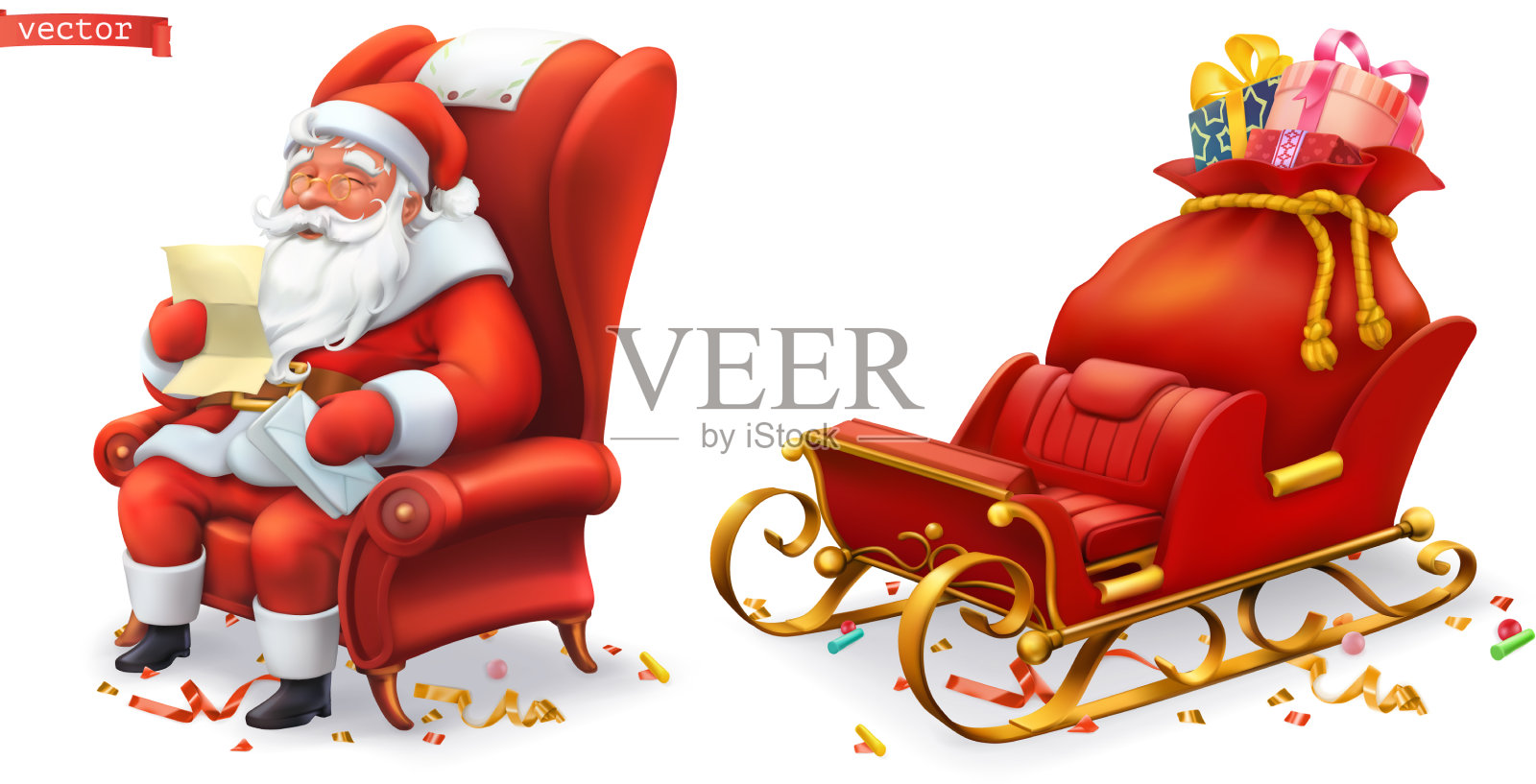 圣诞老人和雪橇与礼物3d图标设计元素图片