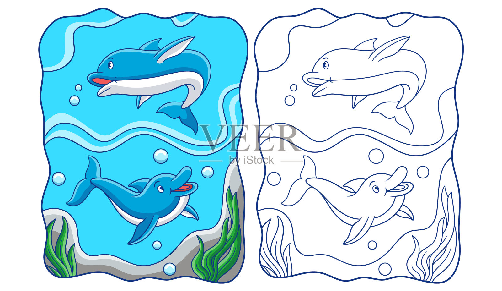 卡通两只海豚在海里玩书或设计元素图片