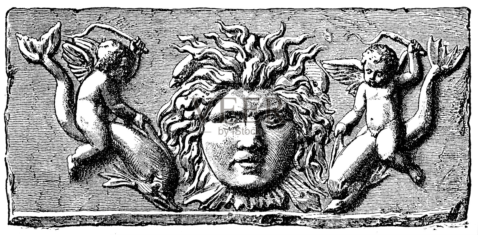 古罗马时期，一个男人被两个天使包围的肖像插画图片素材