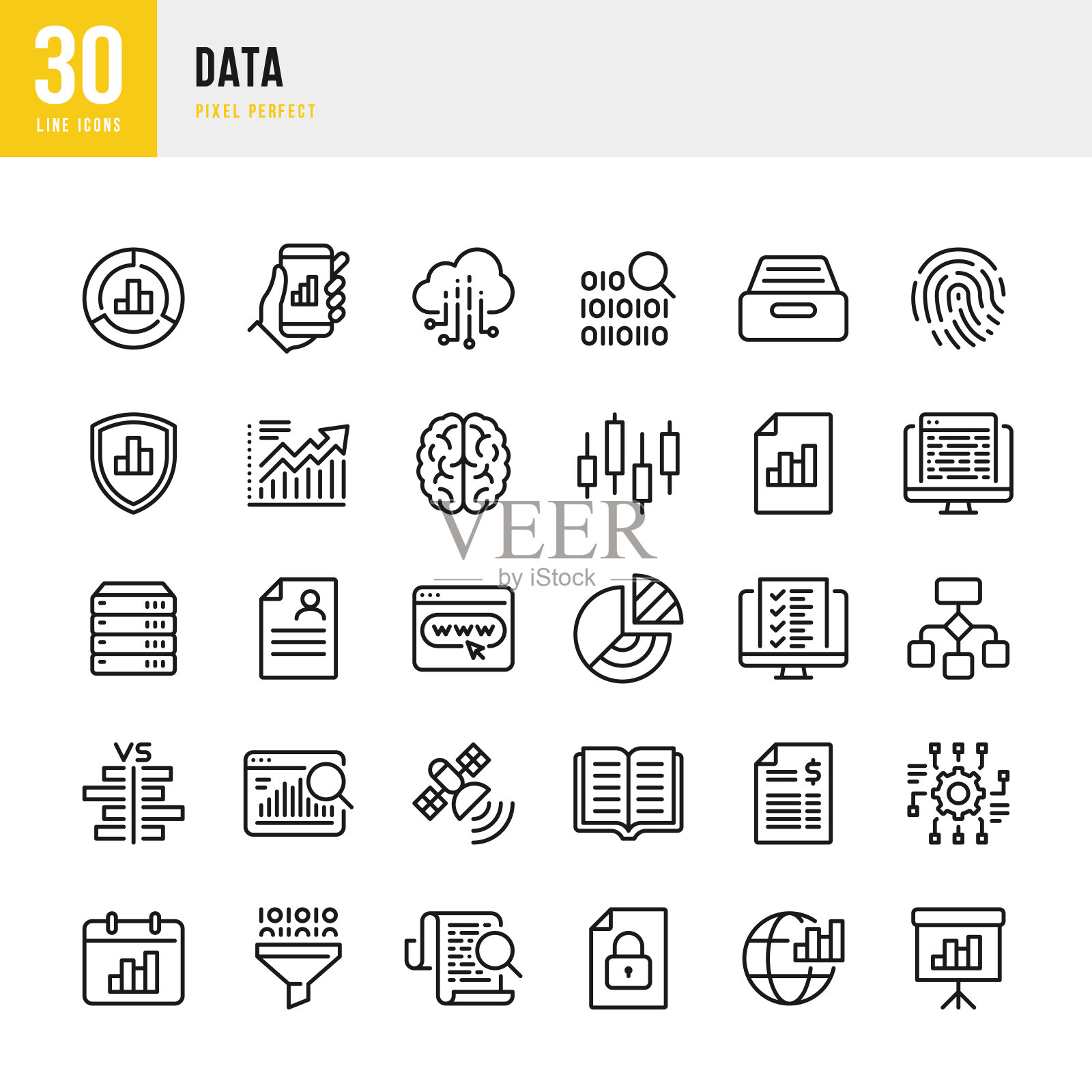 数据-细线矢量图标集。像素完美。该集合包含图标:大数据，生物特征数据，分析，图表，个人数据，云计算，存档，股票市场数据。图标素材