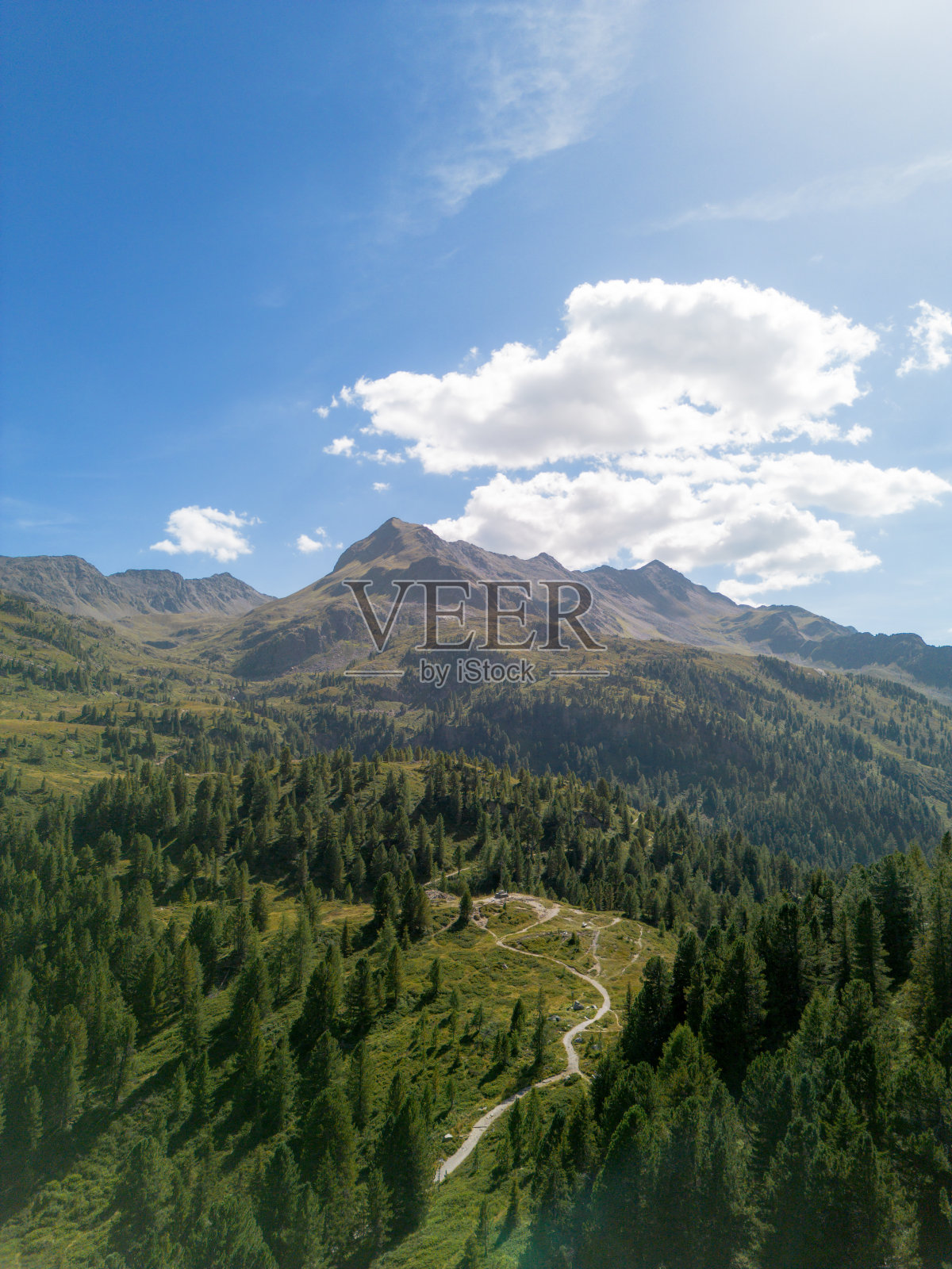 从森林景观到风景秀丽的山脉的徒步路线鸟瞰图照片摄影图片