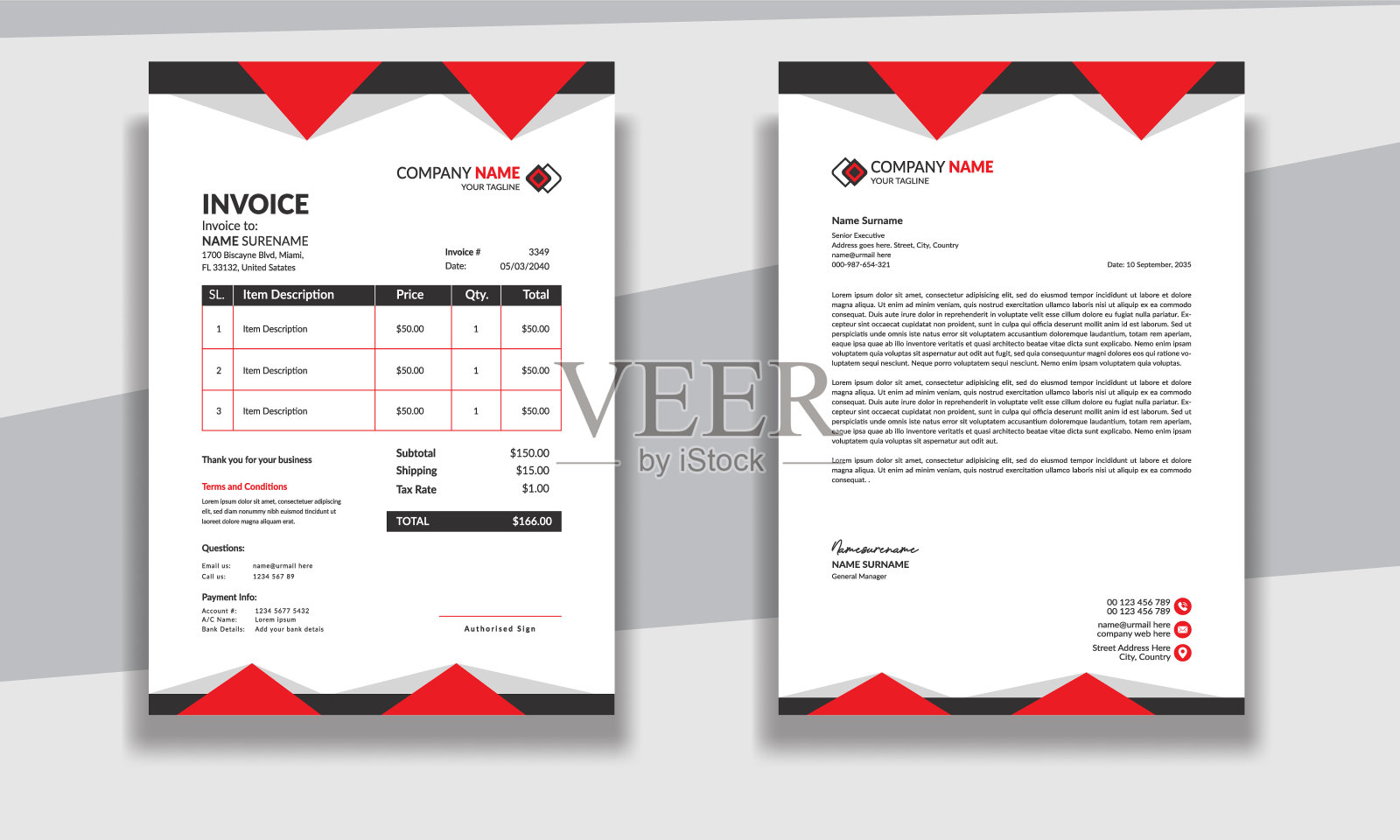 公司现代专业清洁商业发票及信笺设计模板，以黄、蓝、绿、红三色创意现代信笺设计模板为您的项目信笺。插画图片素材