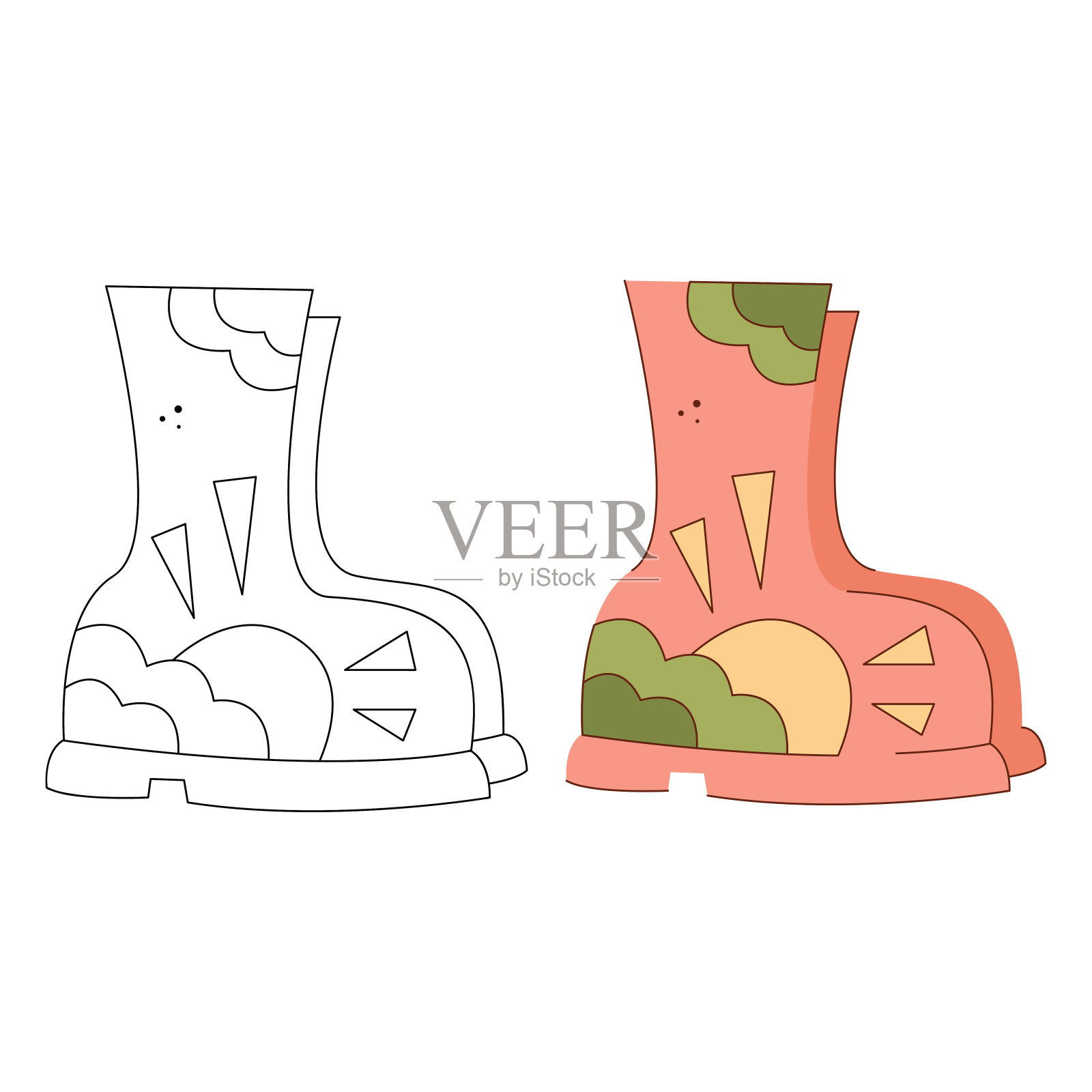 有云和太阳的橡胶靴。黑白和彩色剪贴画矢量插图。插画图片素材