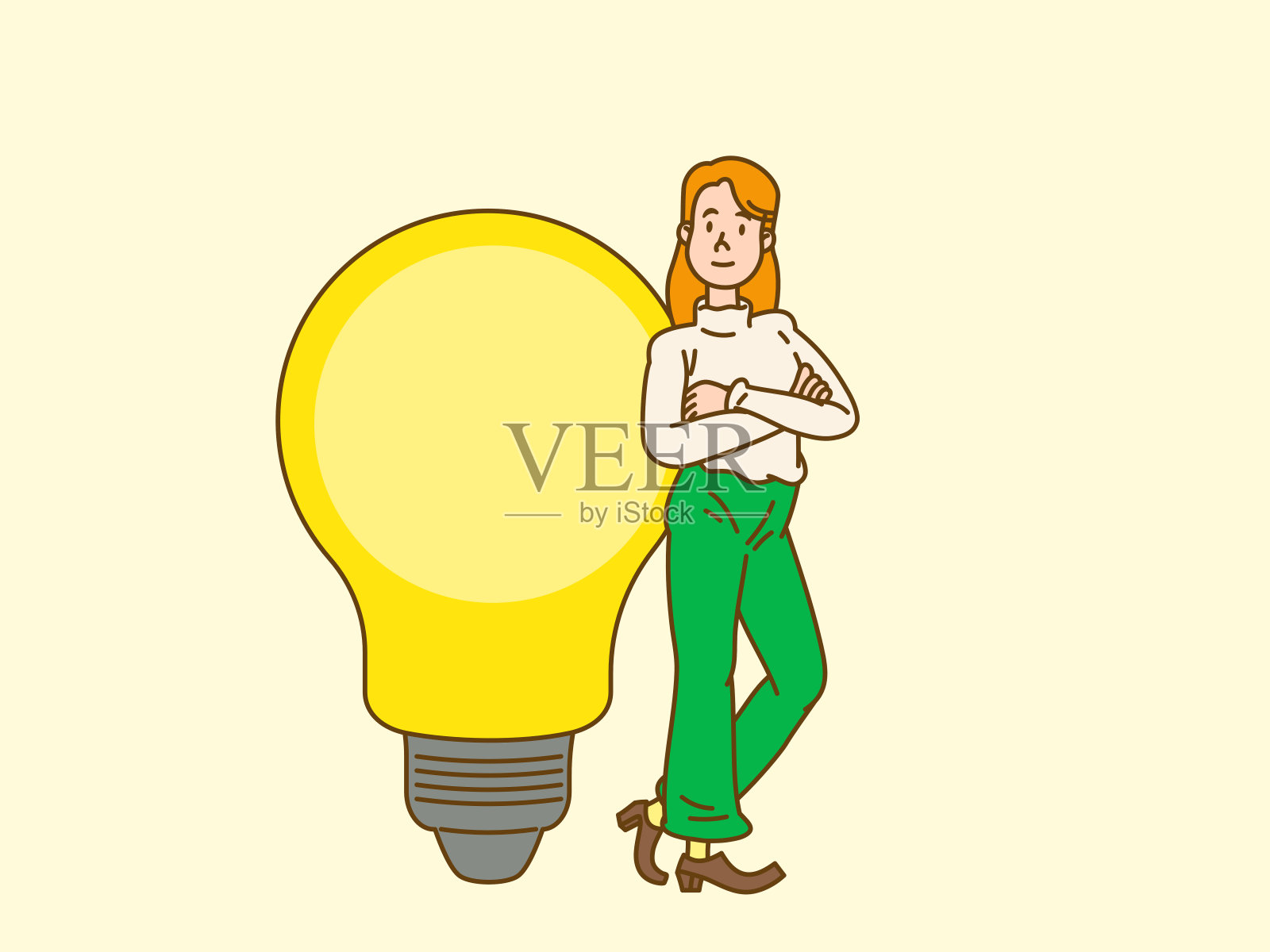 年轻的女商人拿着灯泡站着。创造力的概念。插画图片素材