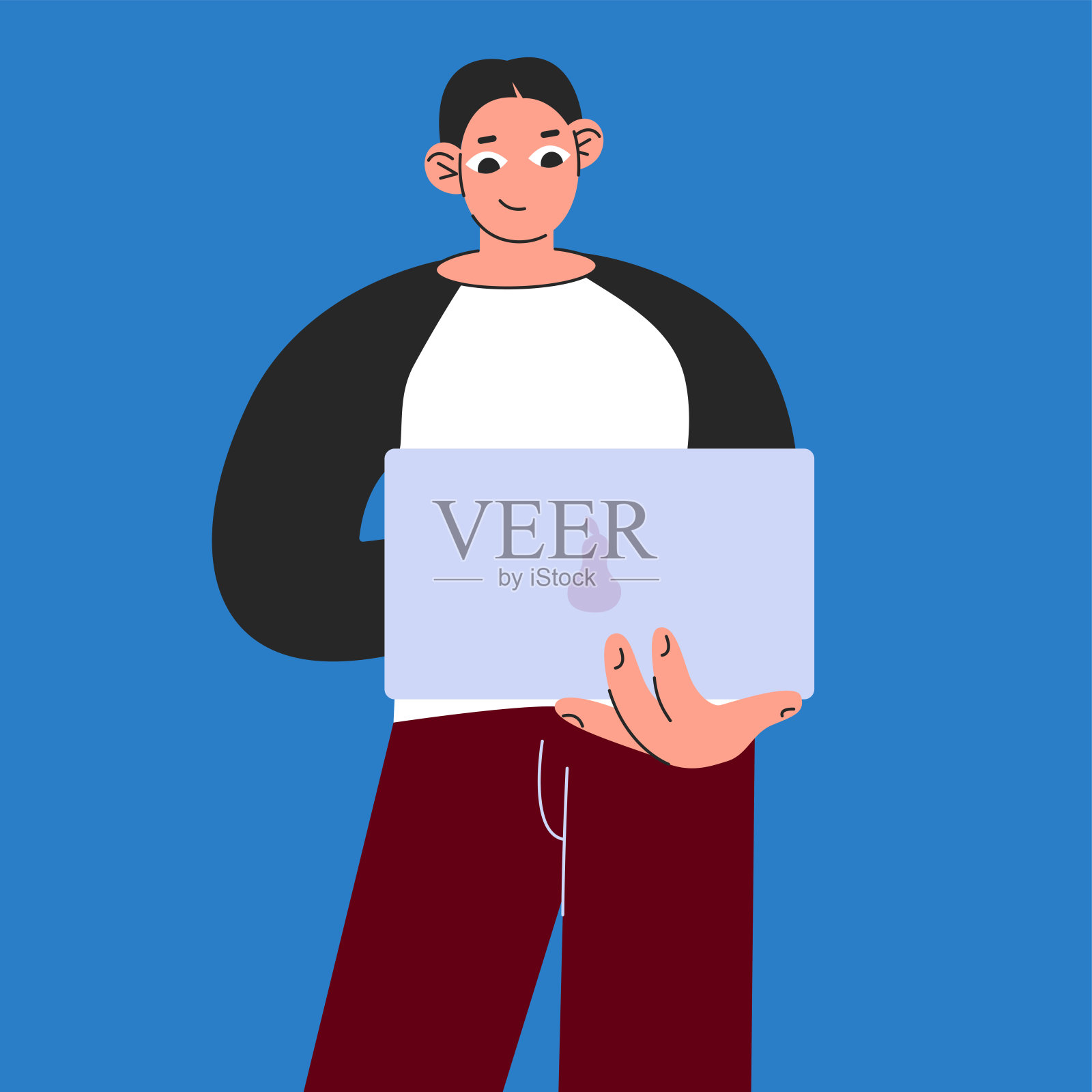 年轻人拿着一台便携式电脑。男孩正在使用一个小玩意。插画图片素材