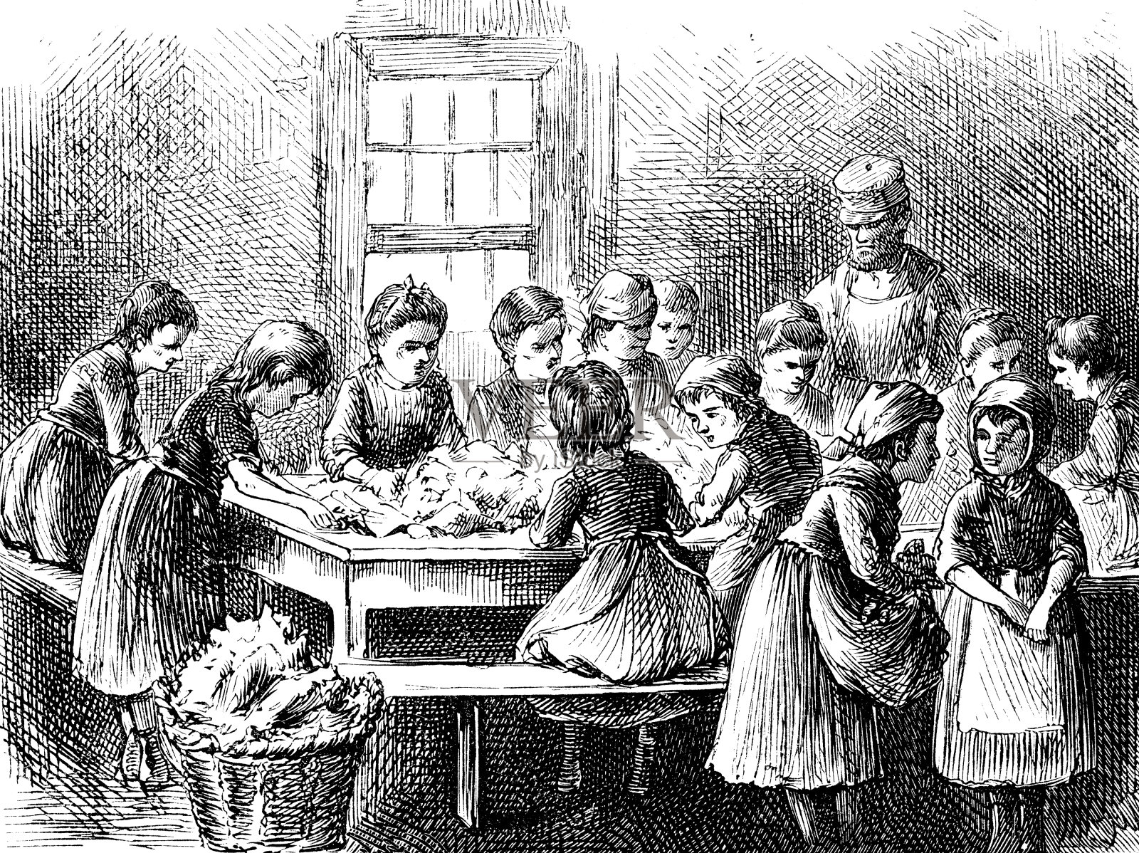 1873年，在纽约剥烟草的童工插画图片素材