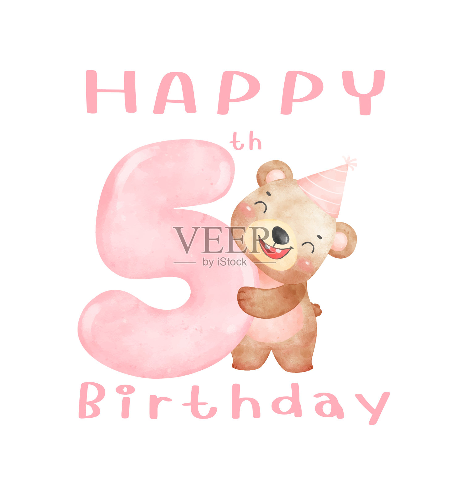 可爱的四岁生日泰迪熊戴着派对帽，粉红色的数字4，可爱的天真动物水彩插图完美的生日，托儿所，贺卡。插画图片素材