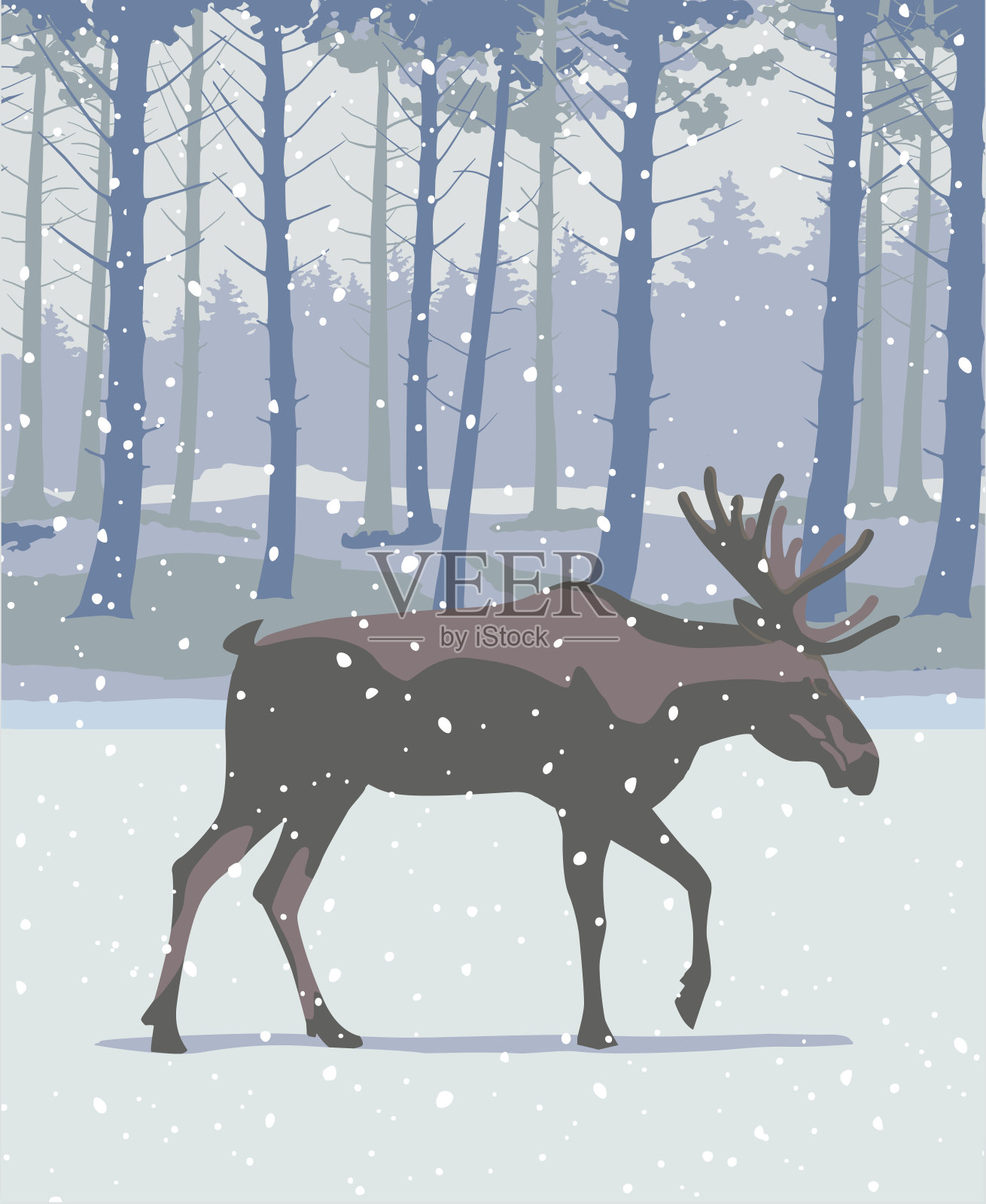 冬季景观中的驼鹿插画图片素材