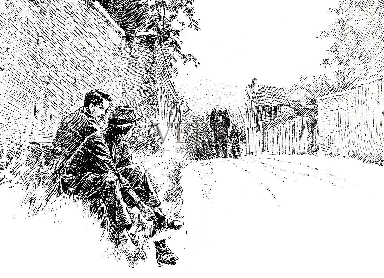 两个男孩坐在乡间小路的墙边休息插画图片素材