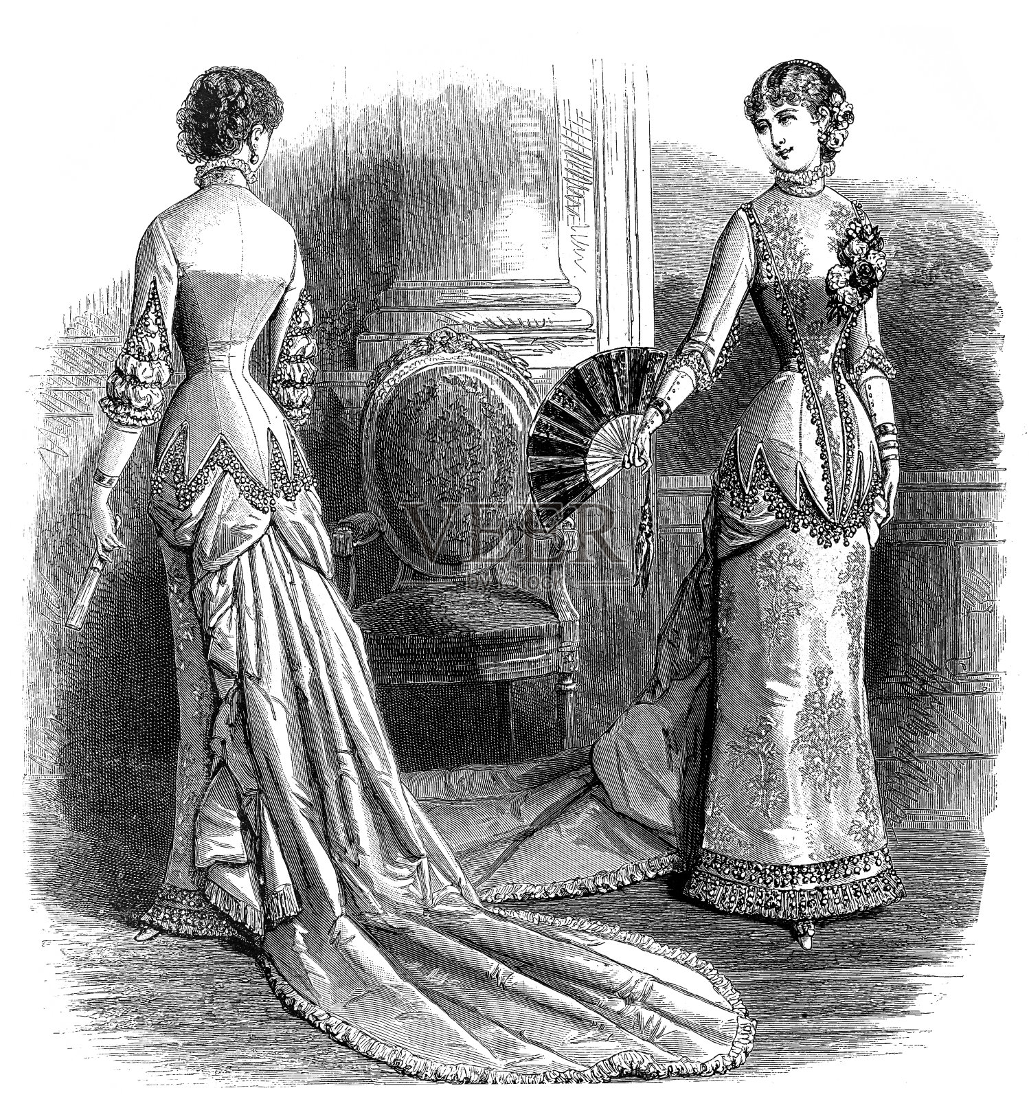 维多利亚时尚女性手持扇子插画图片素材