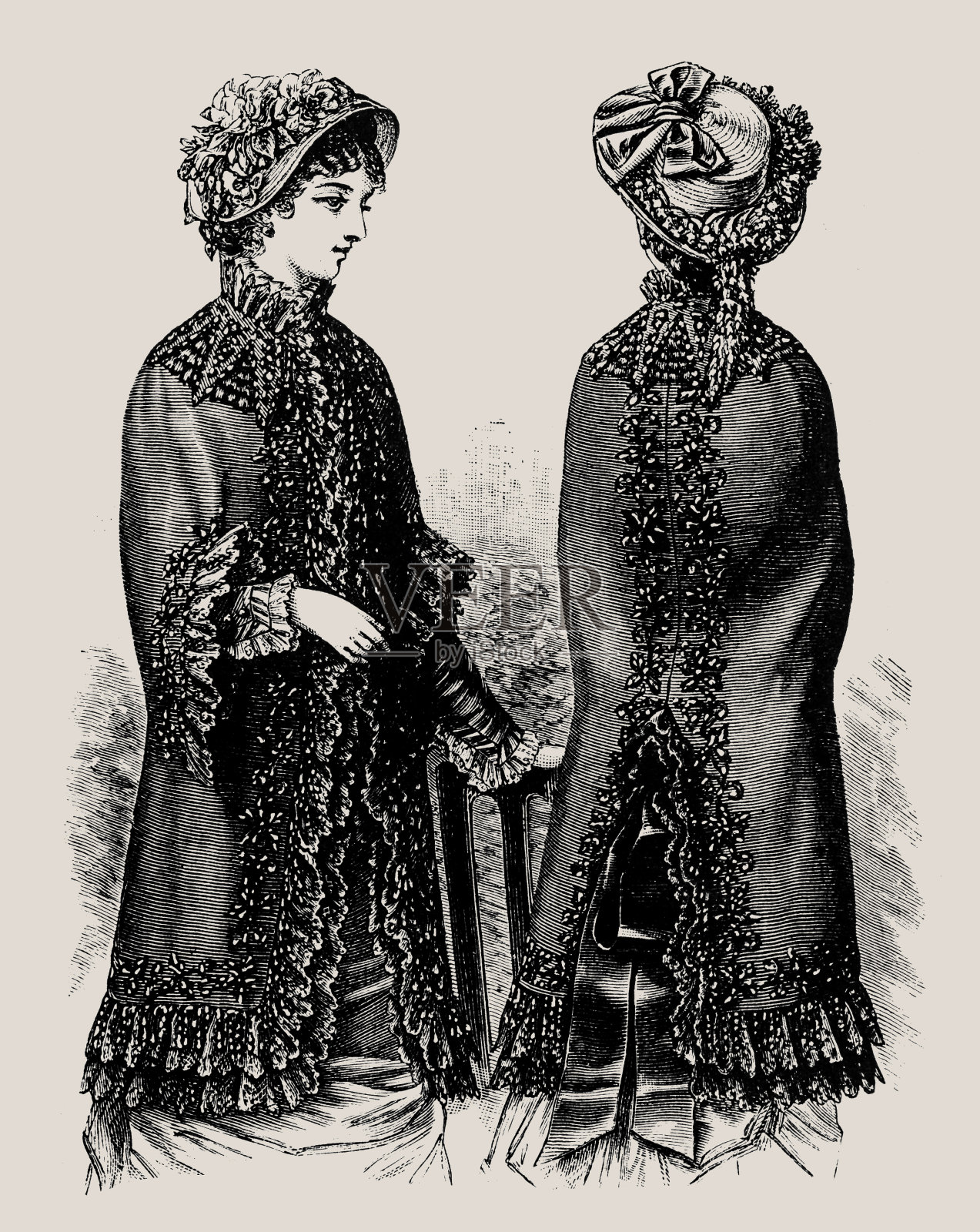 维多利亚时尚：女士黑色缎面披肩插画图片素材