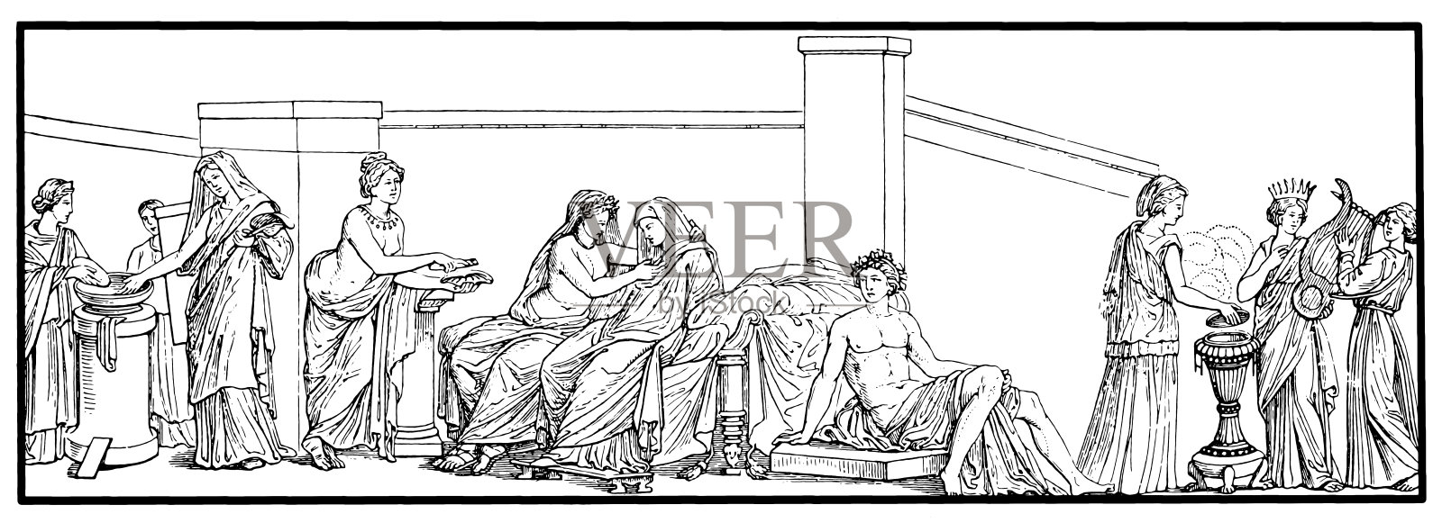 奥尔多布兰迪尼婚礼壁画：梵蒂冈博物馆展出的有影响力的古罗马绘画插画图片素材