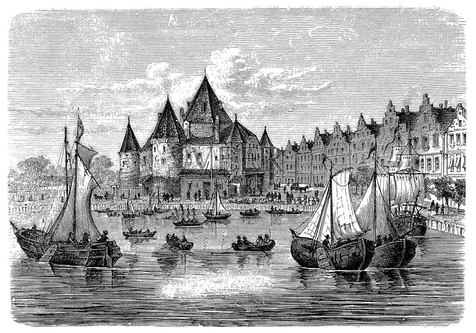 荷兰阿姆斯特丹港，入口圣安东斯门插画图片素材