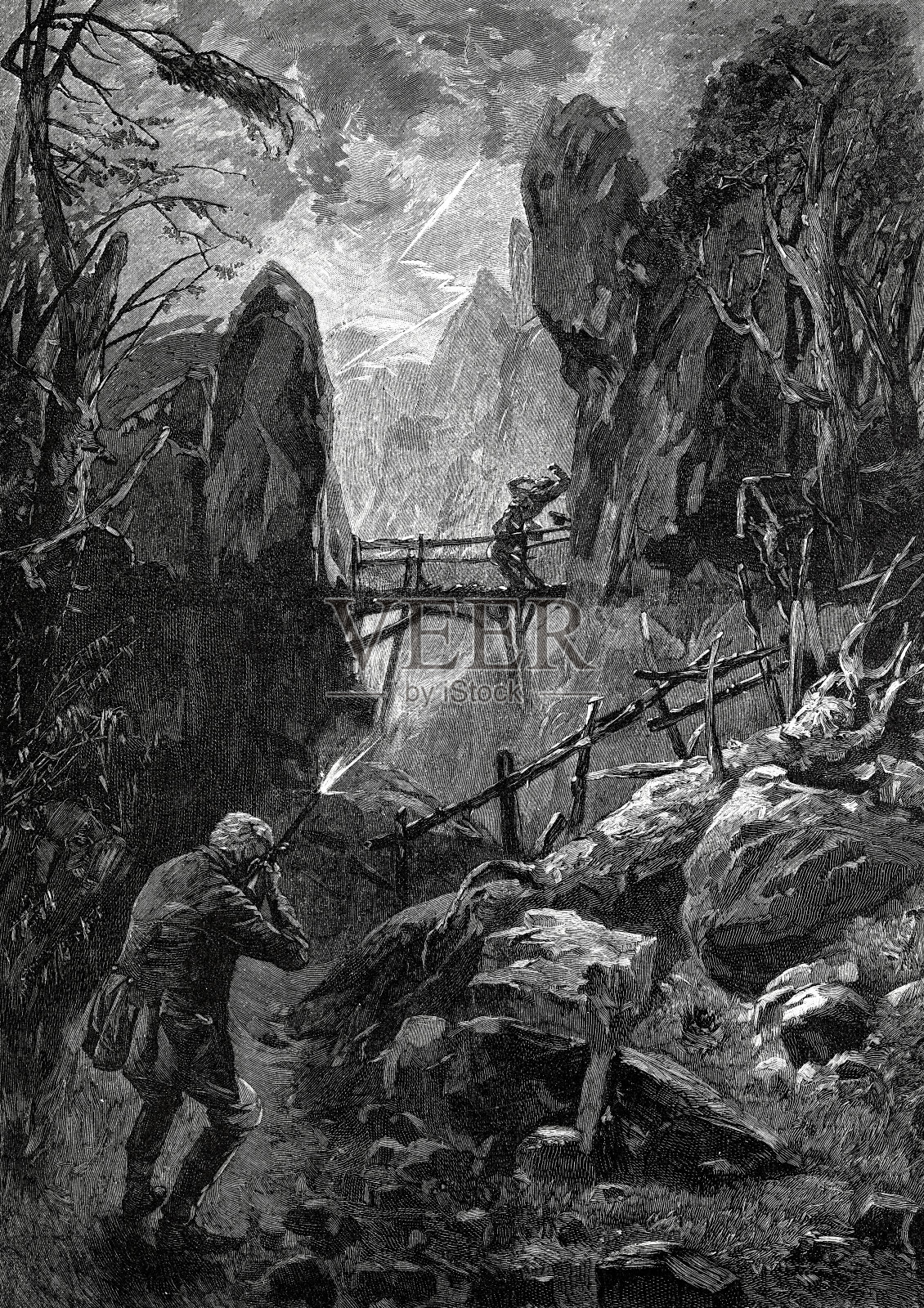 一名男子在一座木桥上向另一名男子射击插画图片素材