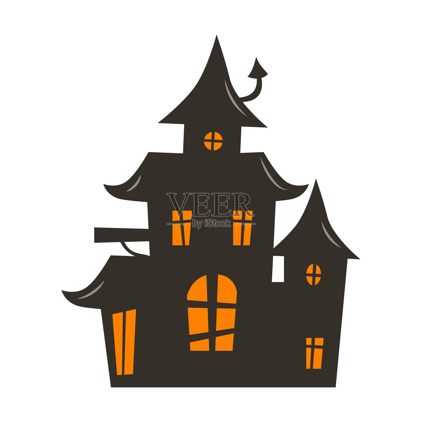 万圣节鬼屋剪影与发光的橙色窗户，贴纸插画图片素材